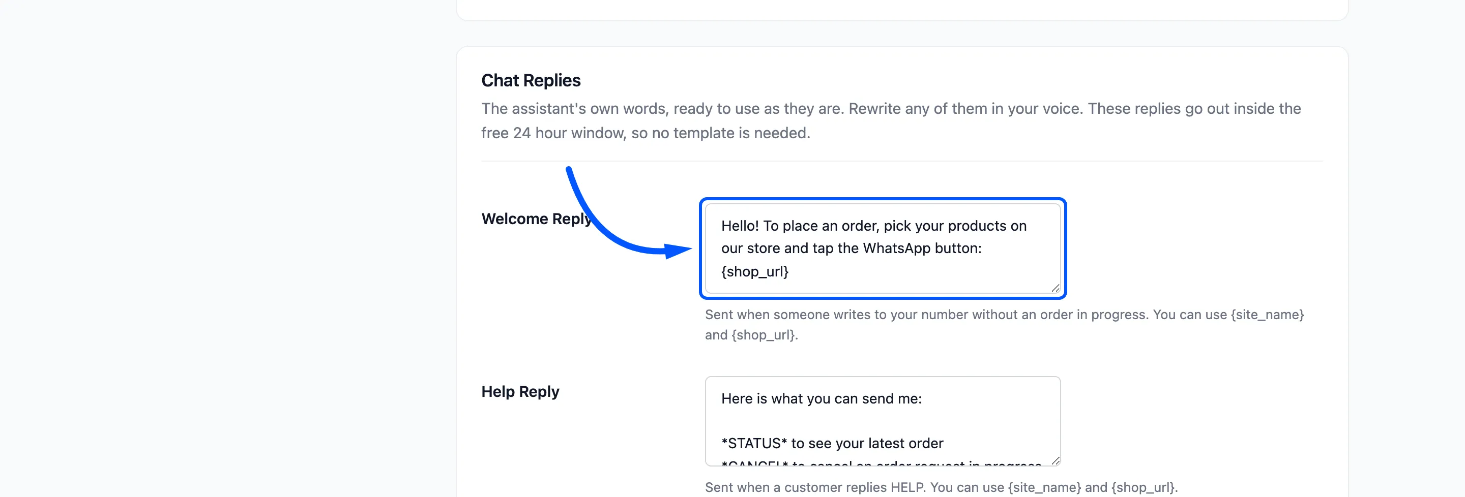 The Welcome Reply field boxed on the Chat Assistant tab