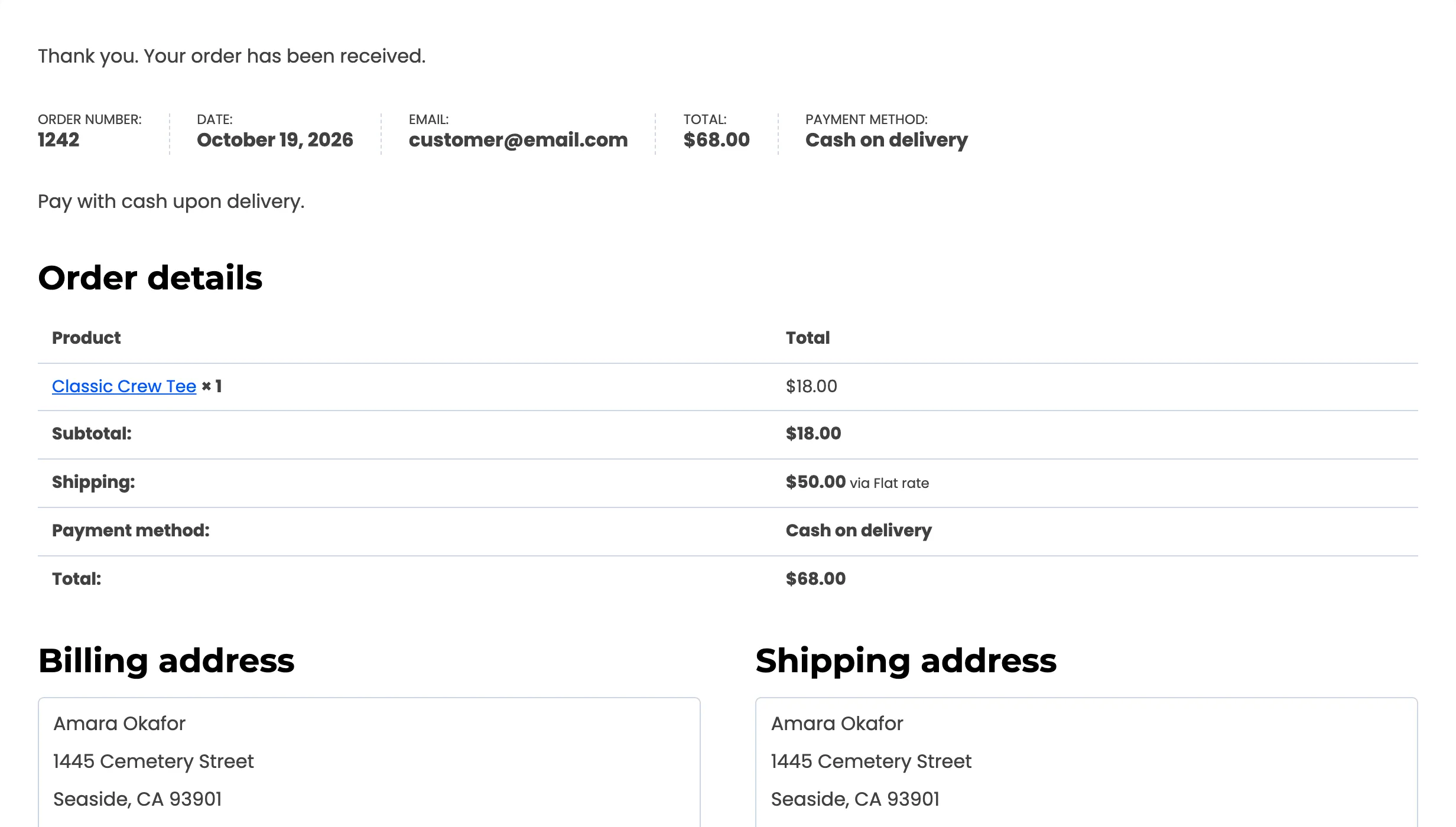 The order received page after the lockout was lifted
