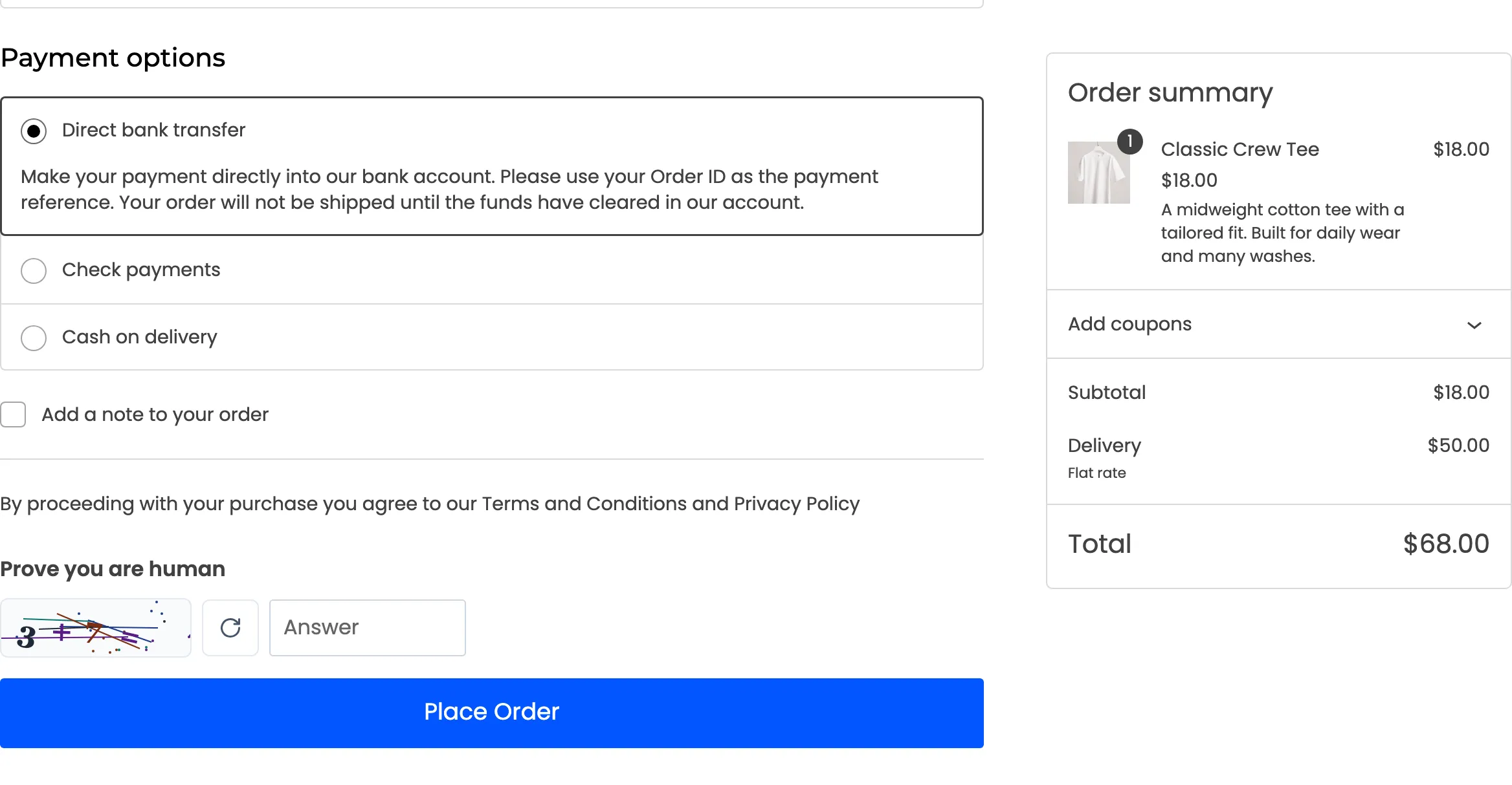 The Checkout block with the CAPTCHA above Place Order