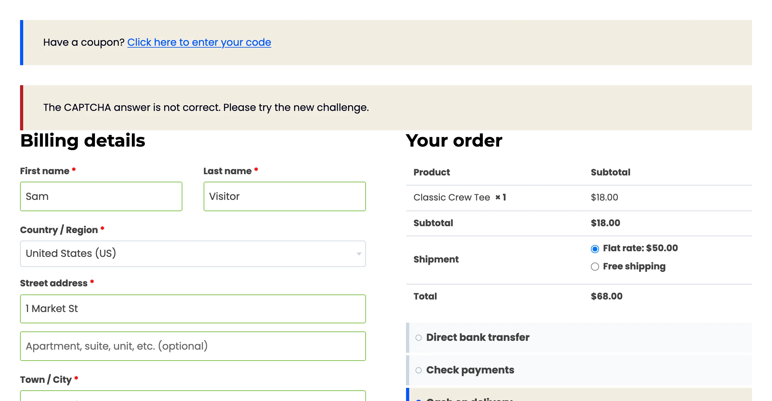 The checkout with a CAPTCHA error notice