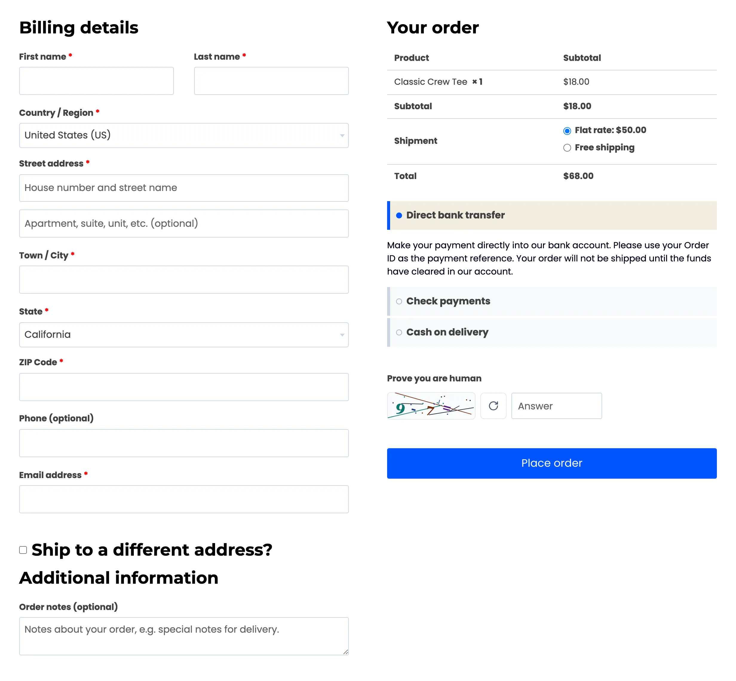 The checkout with the CAPTCHA above Place order