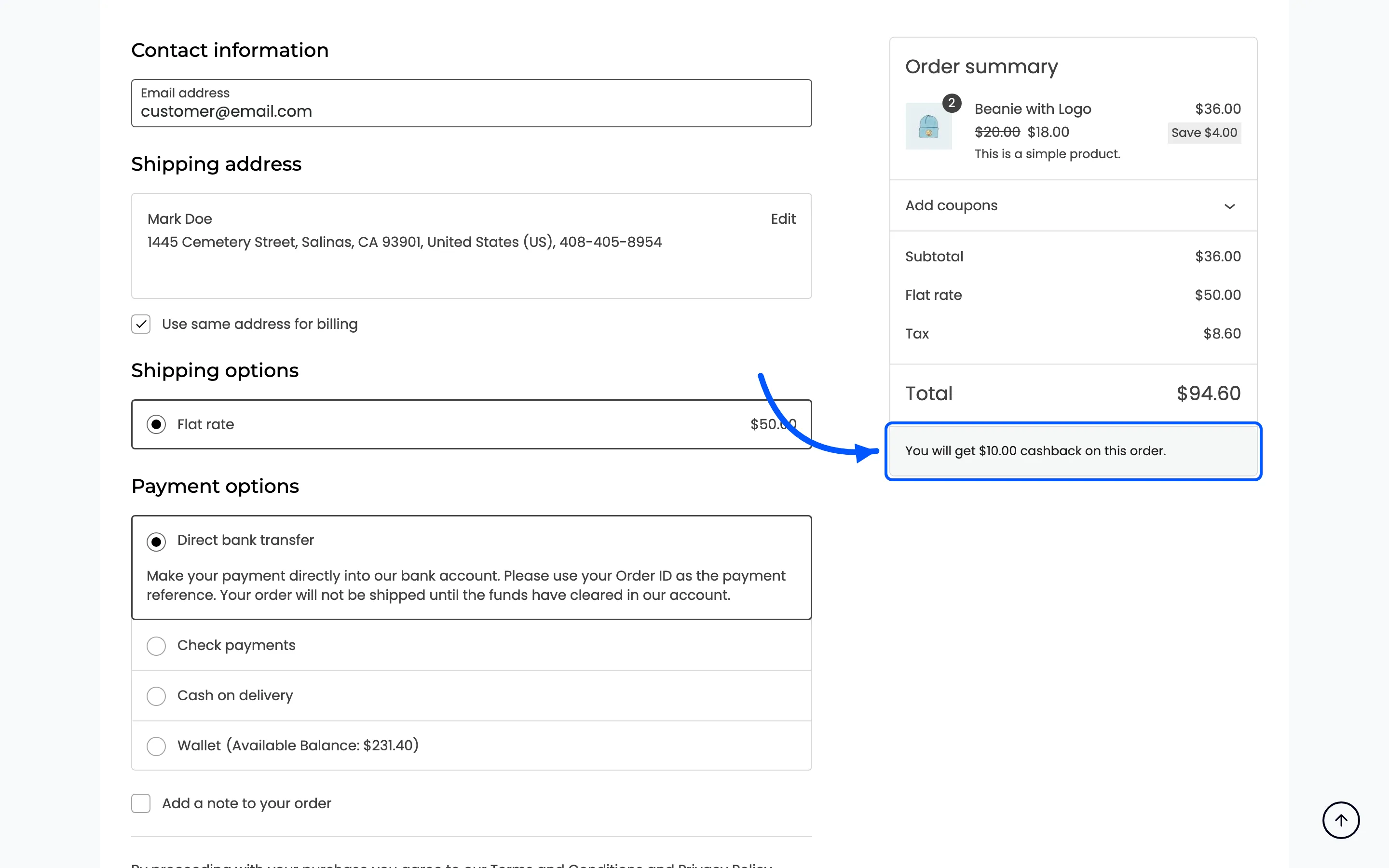 The cashback line in the checkout, stating what the order will earn