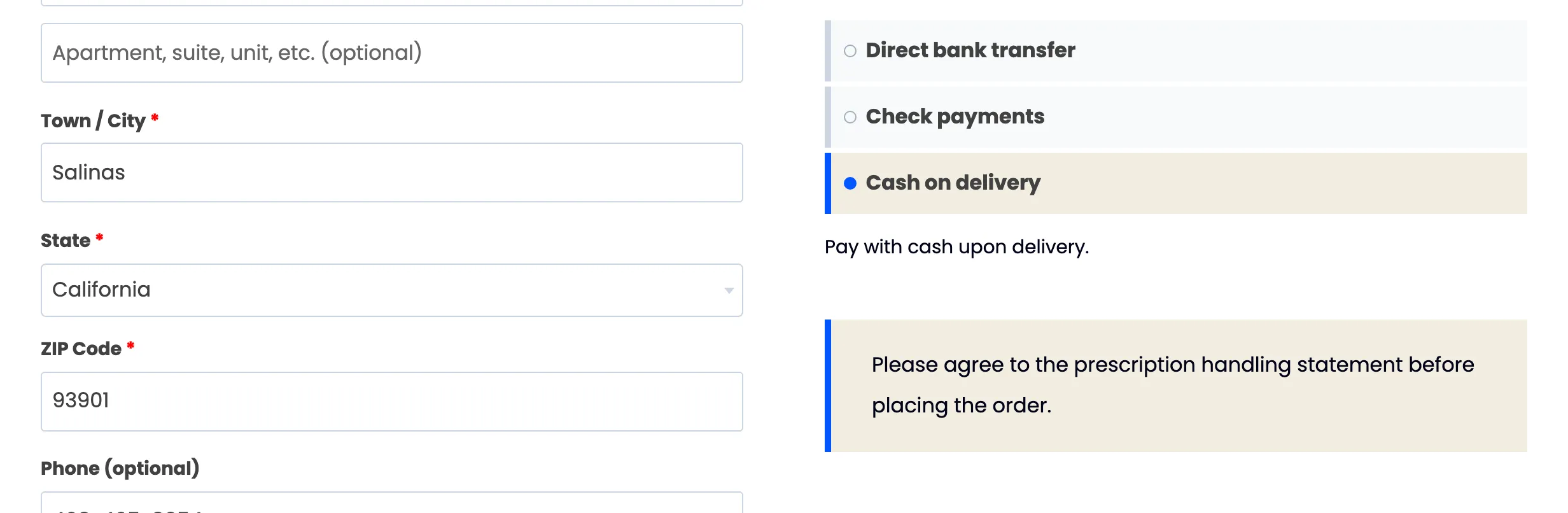 The payment box with the consent message where Place order would be