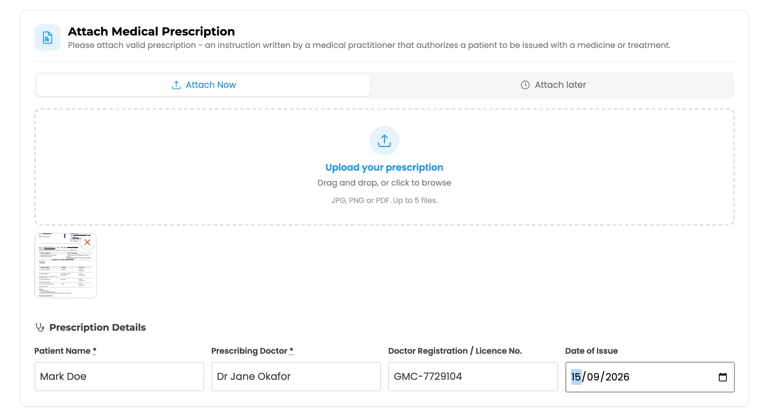 The prescription details filled in under the uploaded file