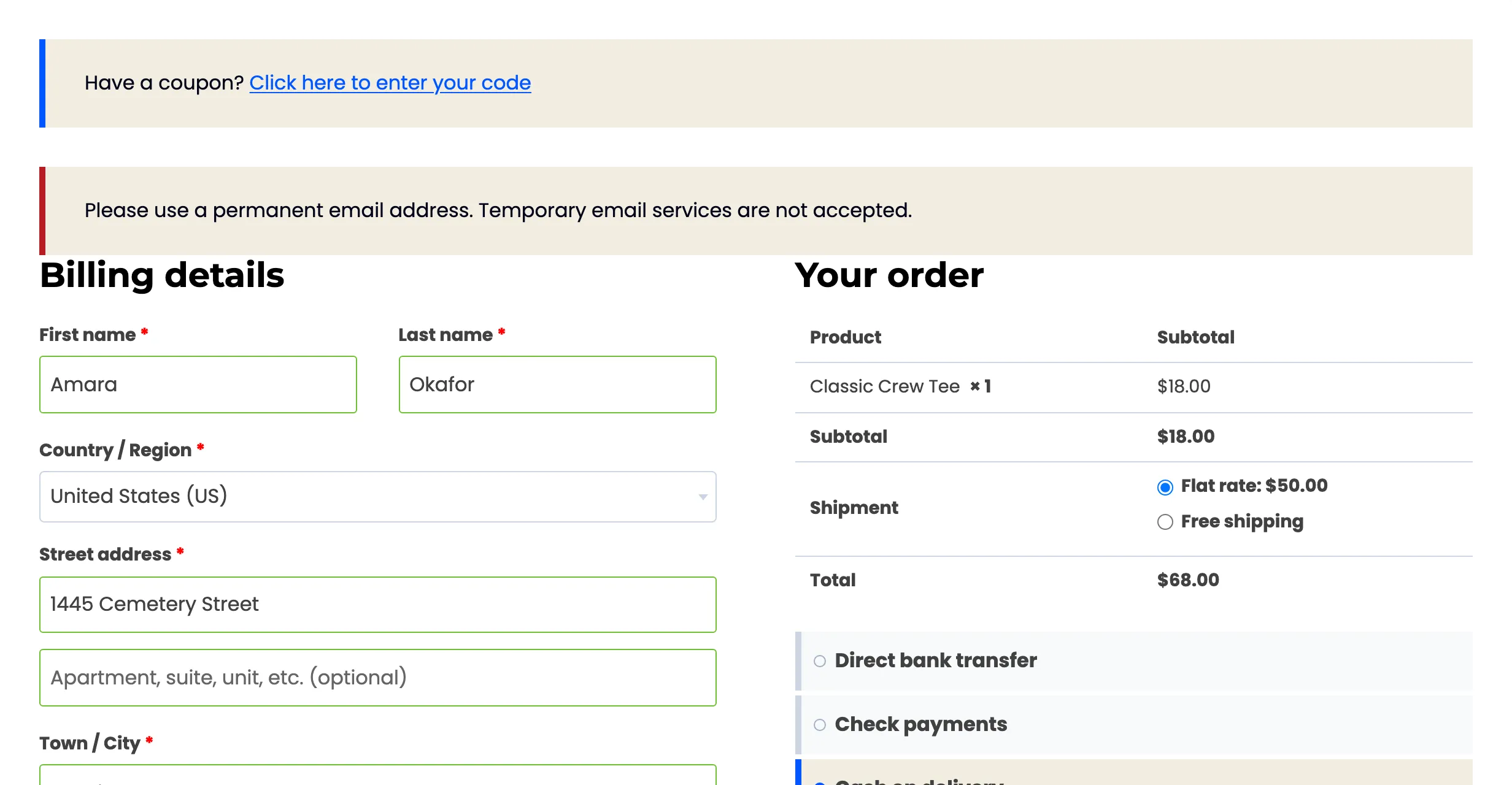 The checkout refusing a disposable billing email