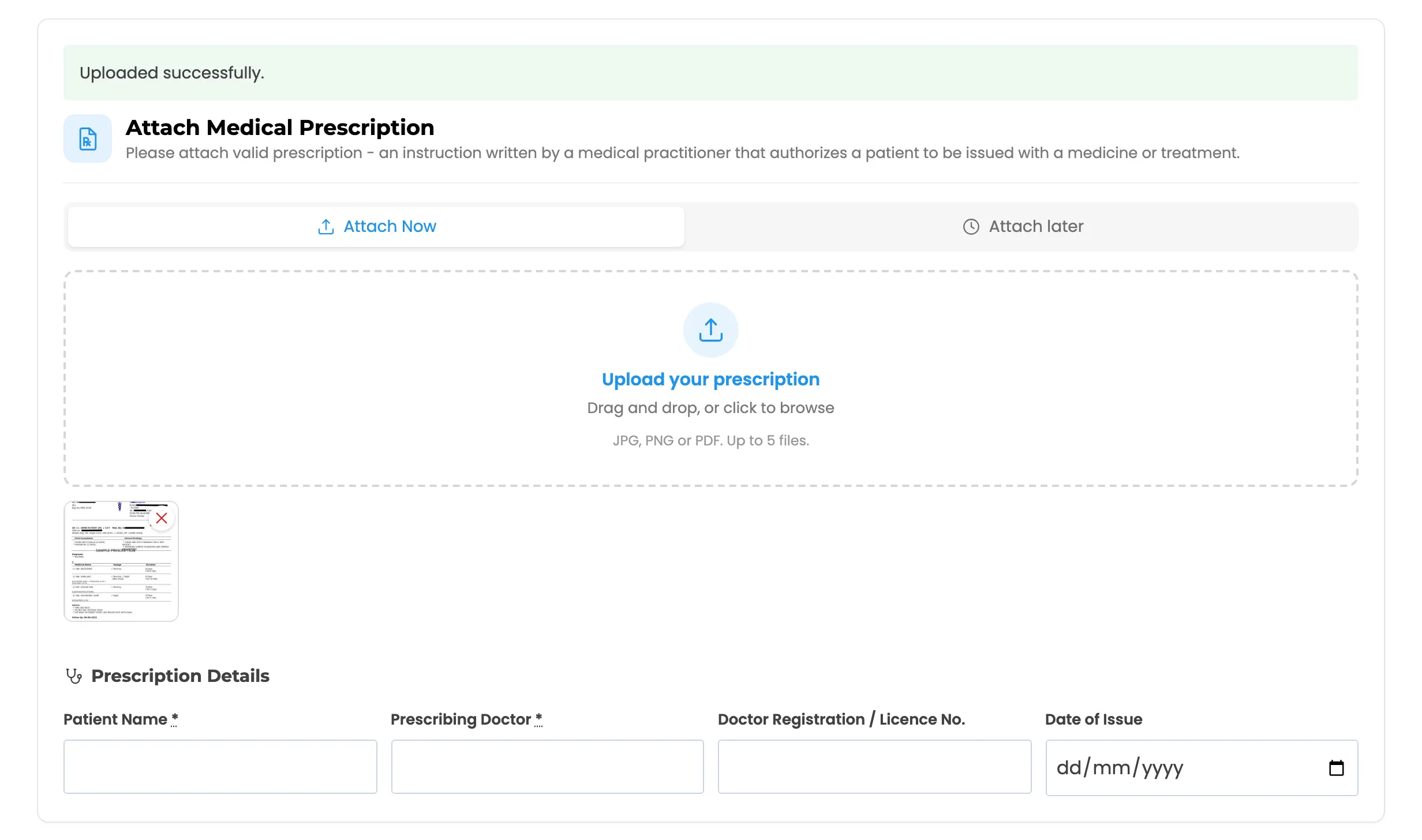 The prescription box with an uploaded prescription showing as a thumbnail