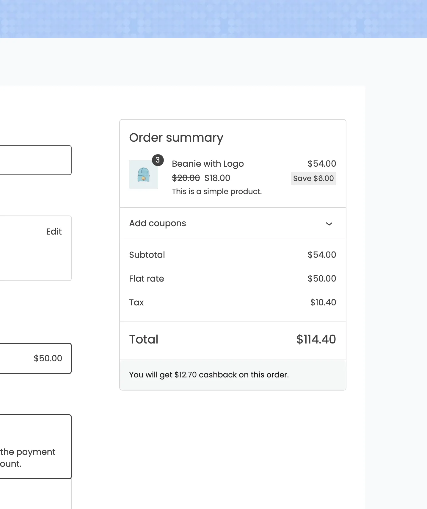 The checkout order summary with the cashback line under the totals