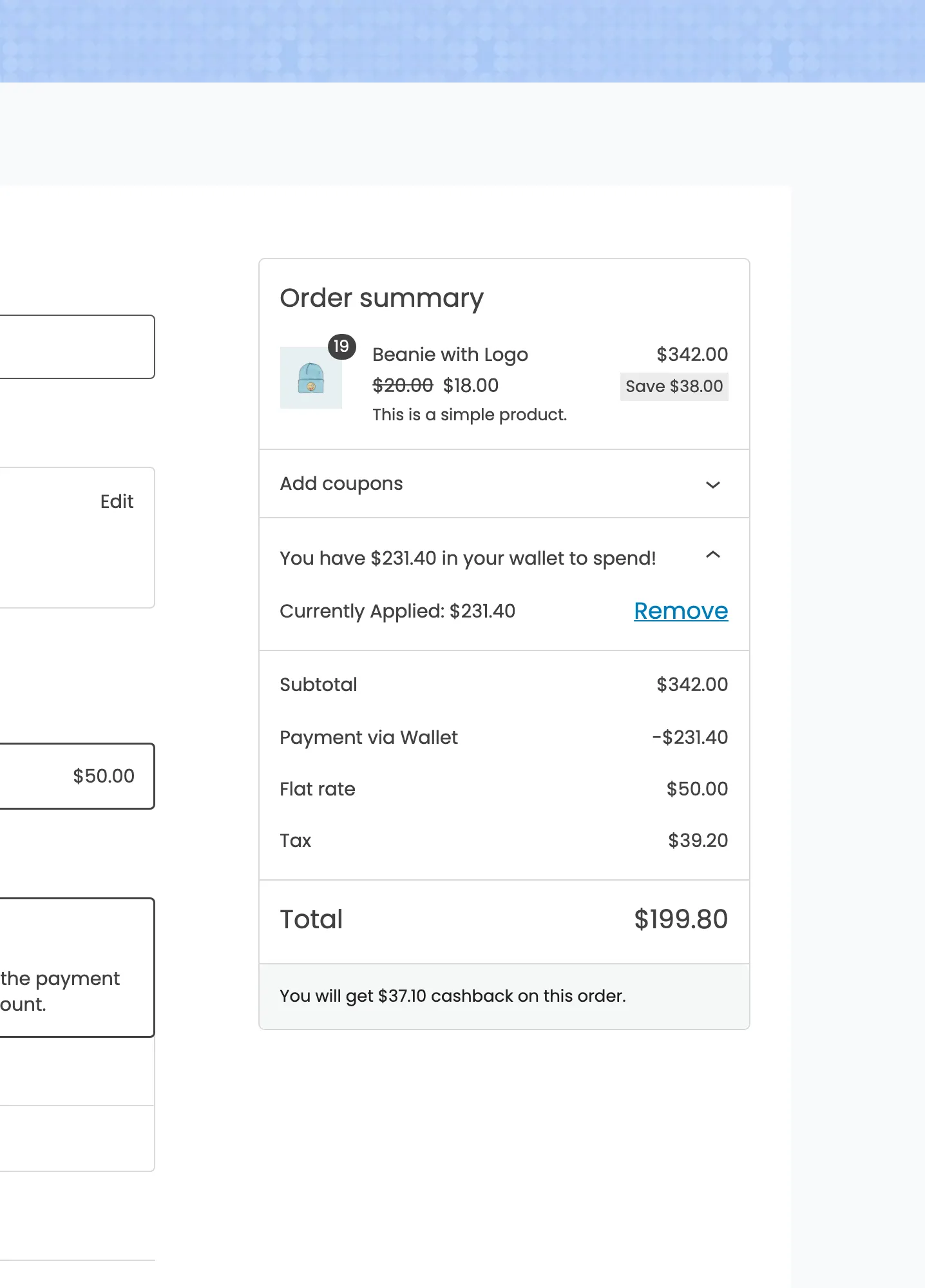 The order summary with a Payment via Wallet line reducing the total