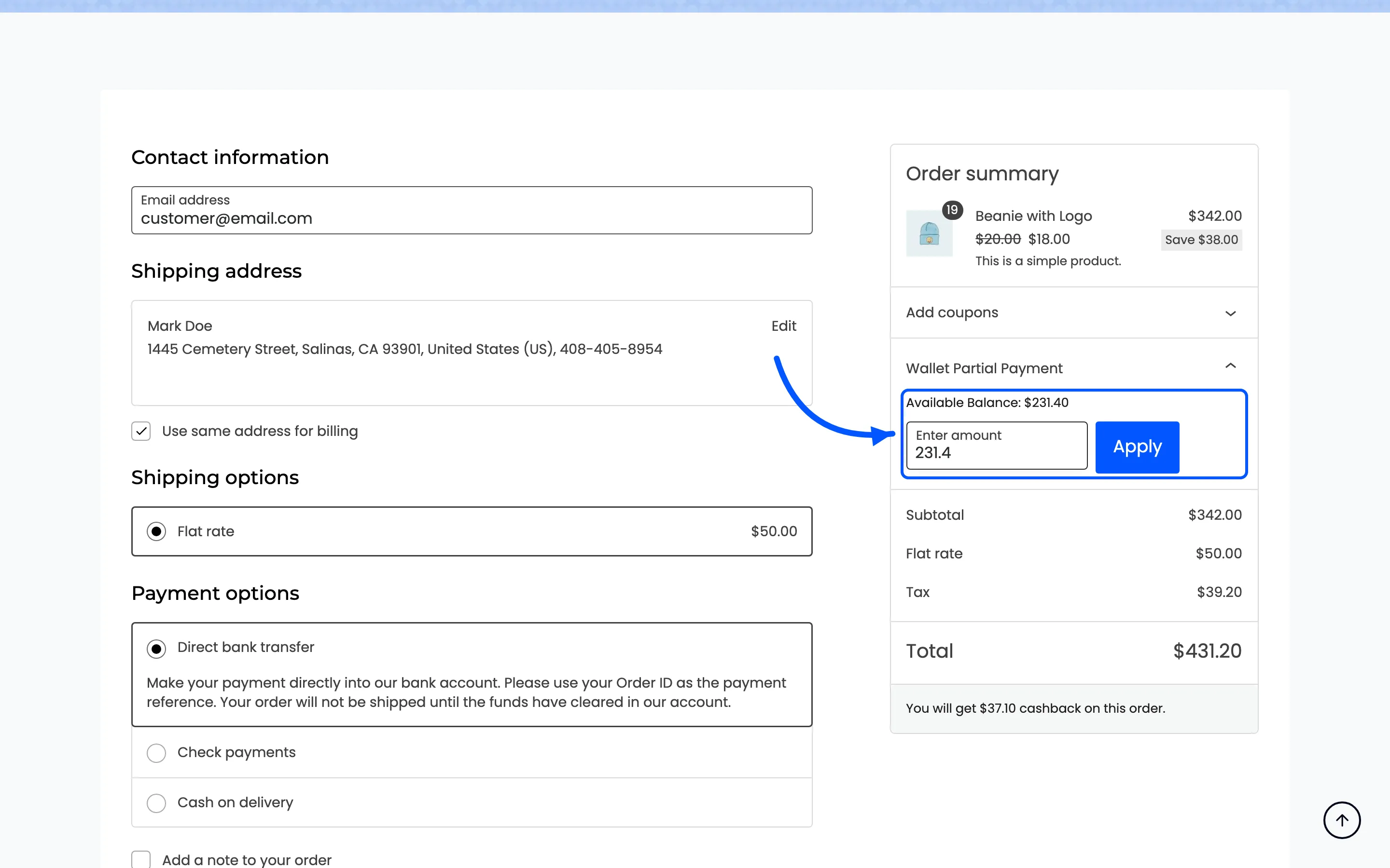 The partial payment form with the balance and the amount field