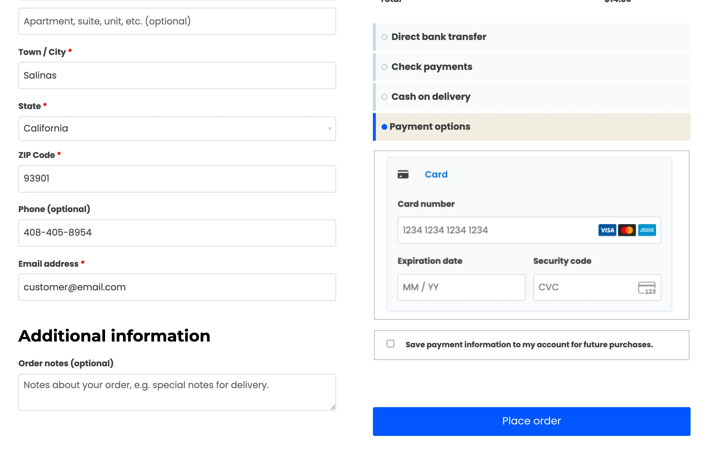 The payment methods offered on a pre-order checkout