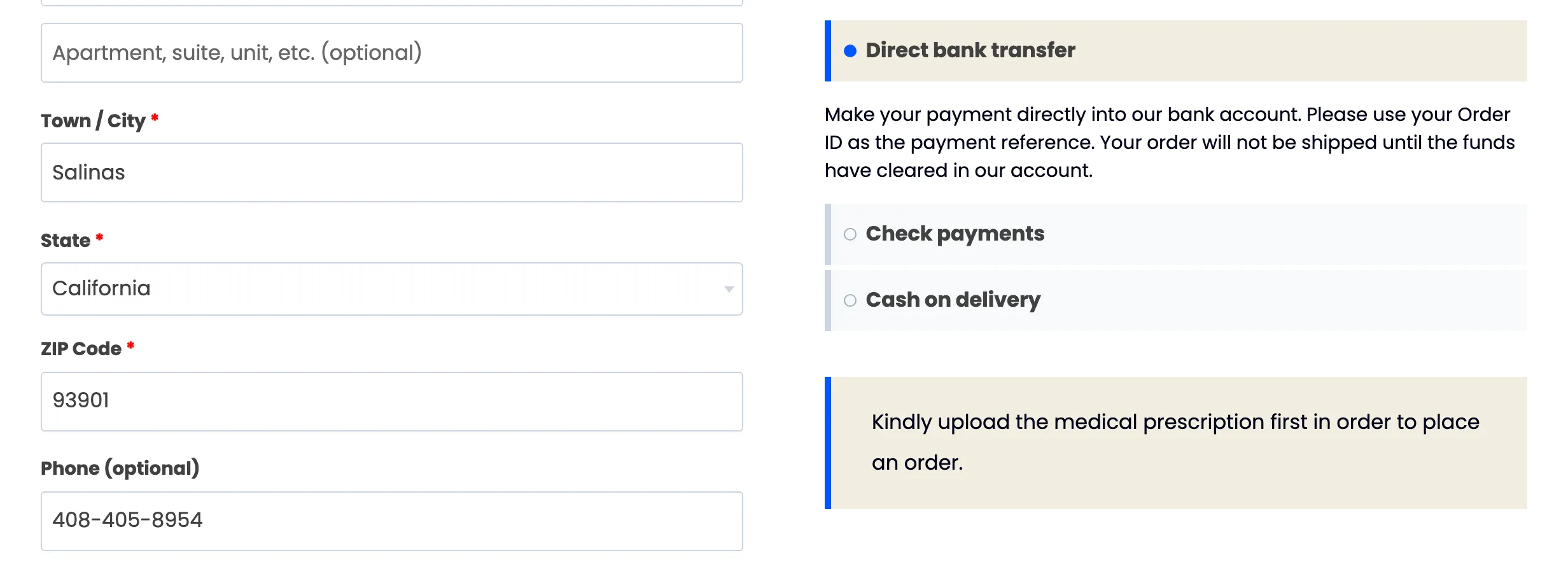 The payment box with a message where the Place order button would be