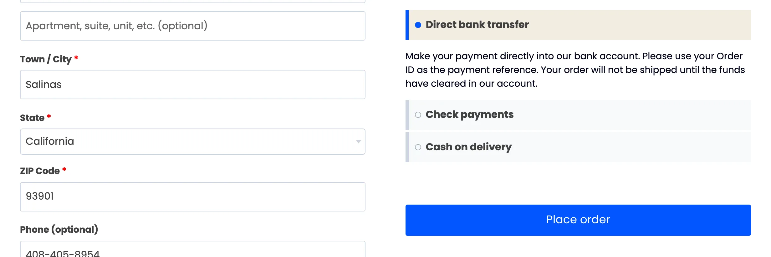 The payment box with the Place order button back