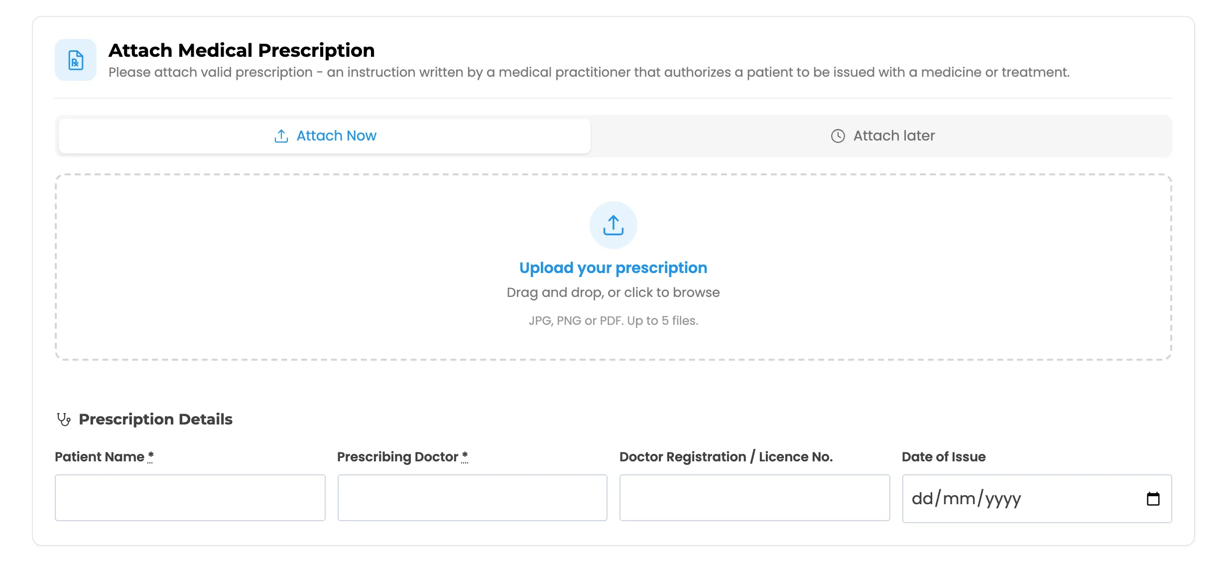 The prescription box on the checkout page, with the upload area and the prescription details fields