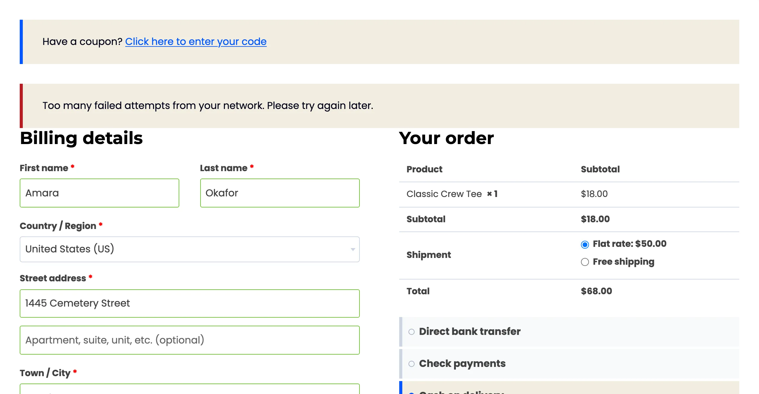 The checkout refusing a locked-out card tester