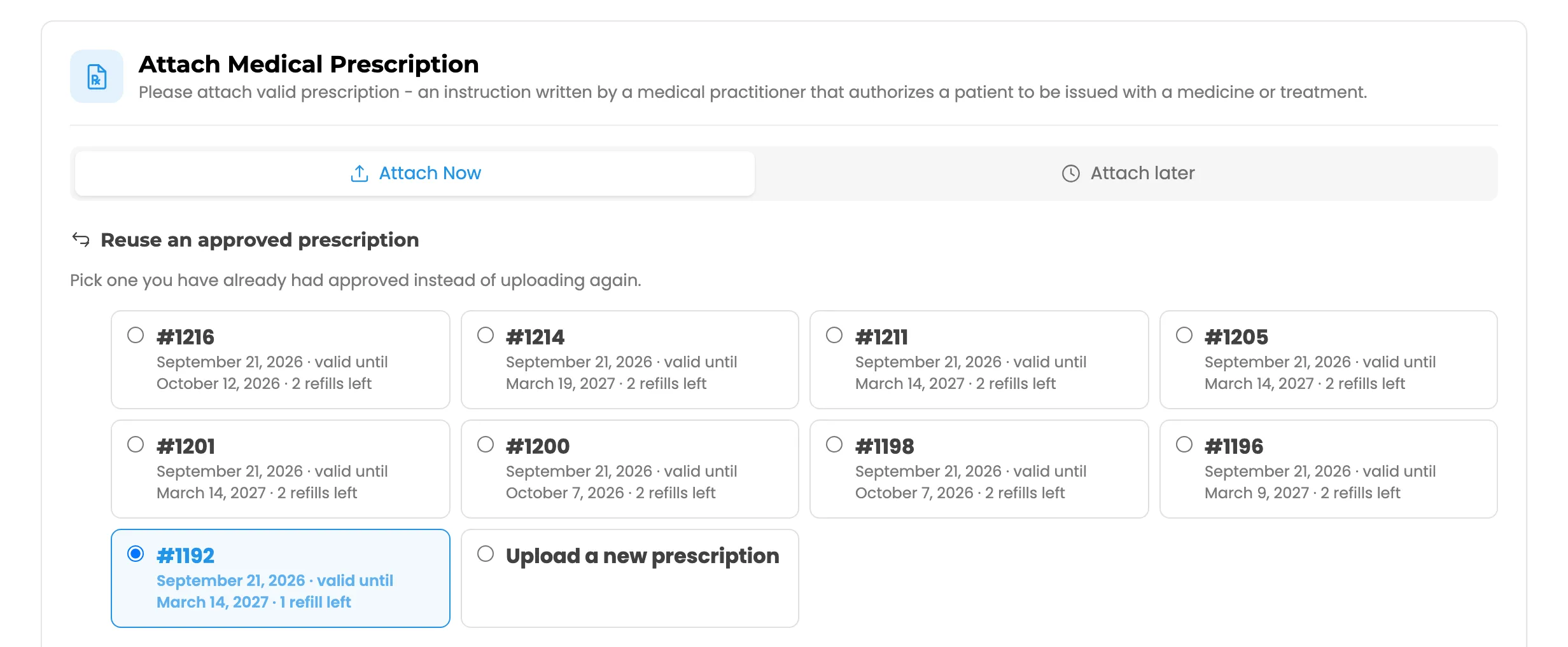 The Reuse an approved prescription list at checkout with one prescription picked