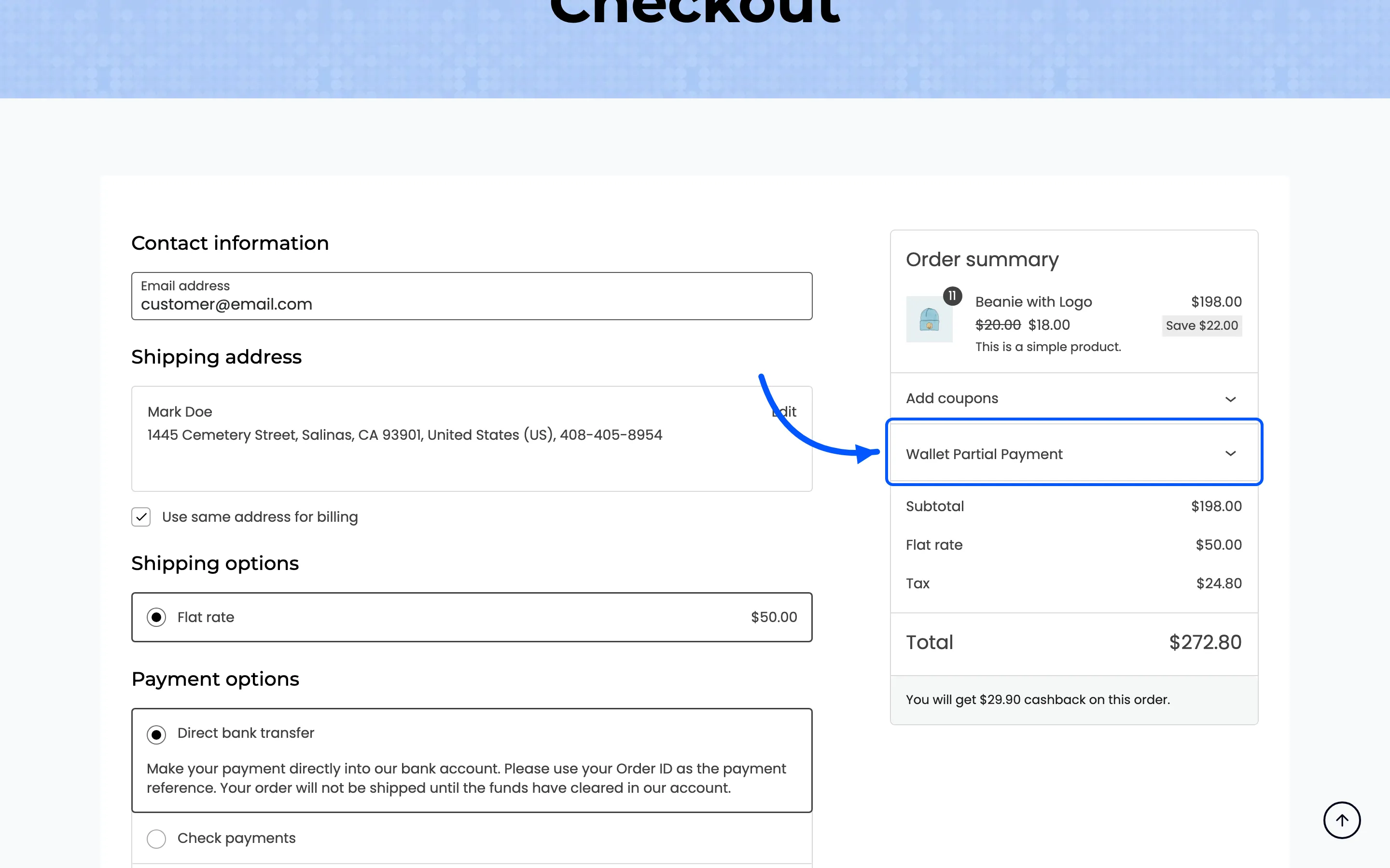 The Wallet Partial Payment panel in the checkout order summary