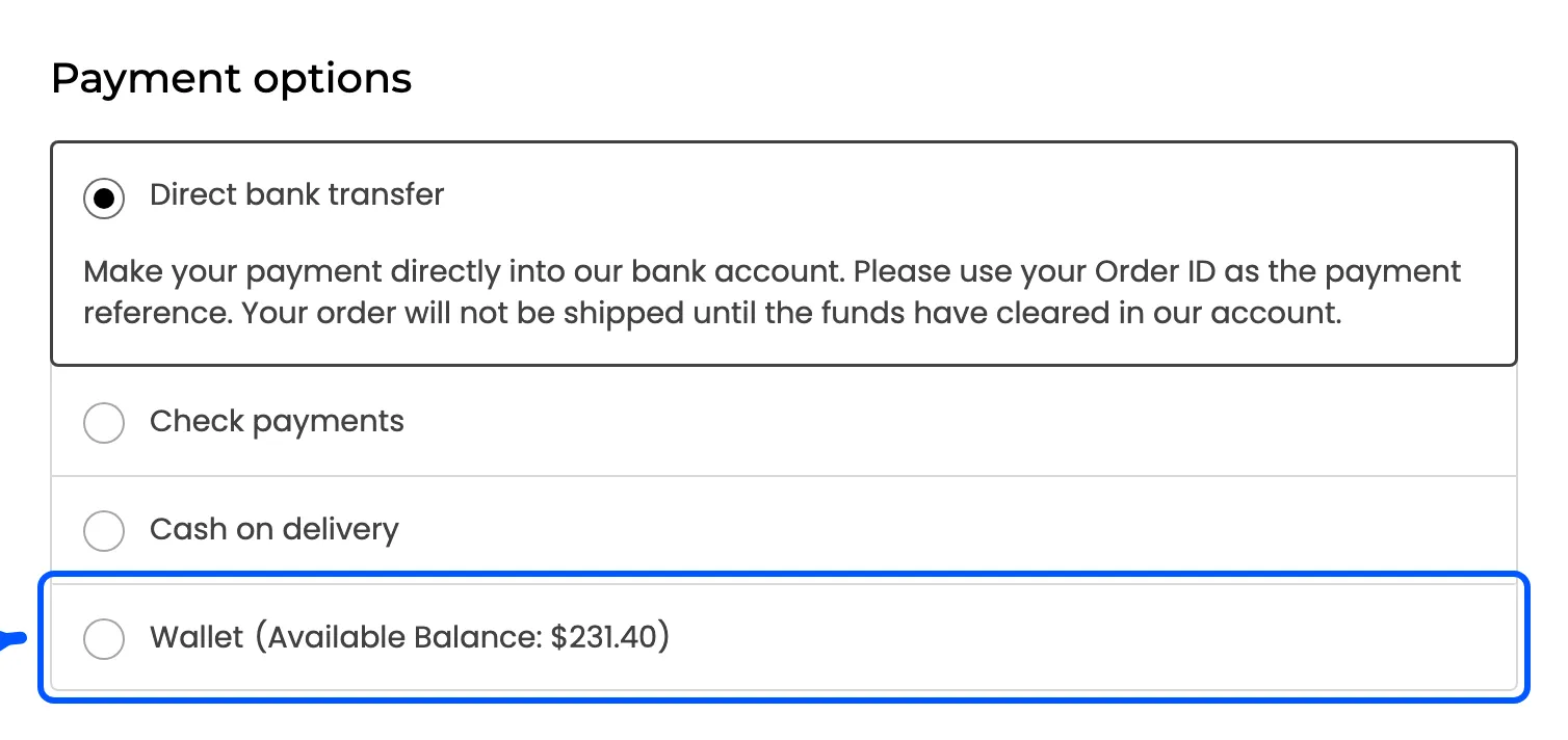 The Wallet payment method at checkout with the available balance beside its name