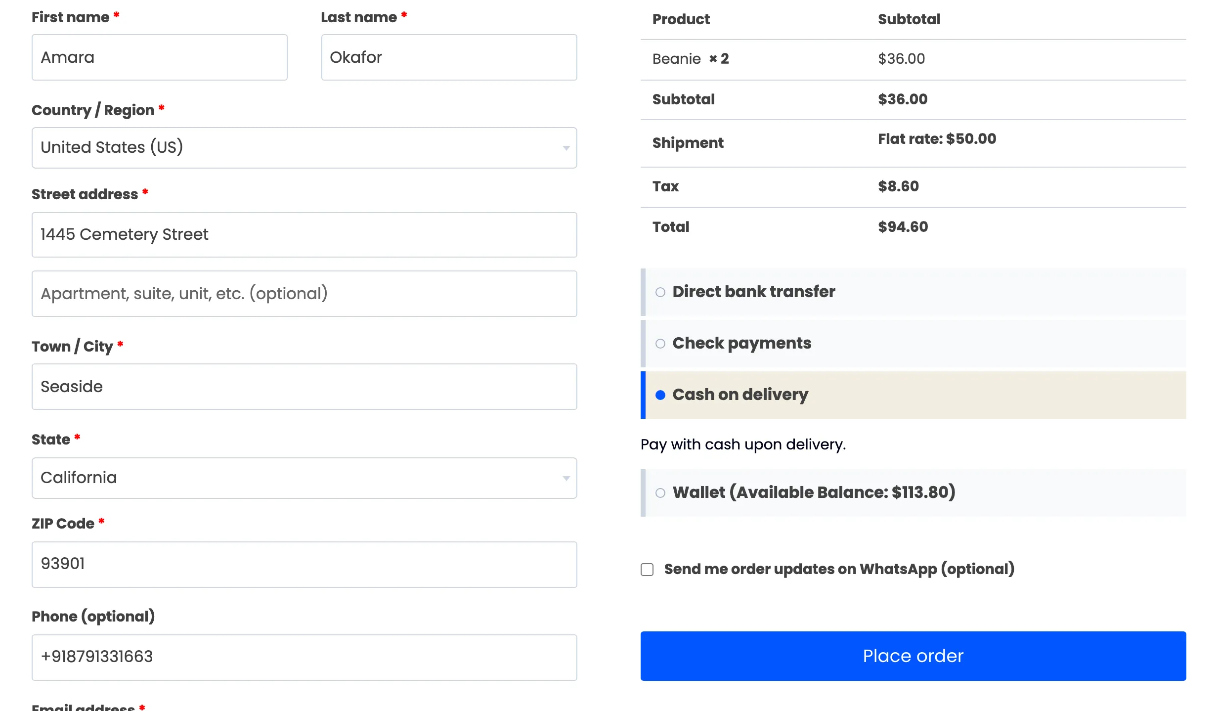 The checkout with the Send me order updates on WhatsApp checkbox