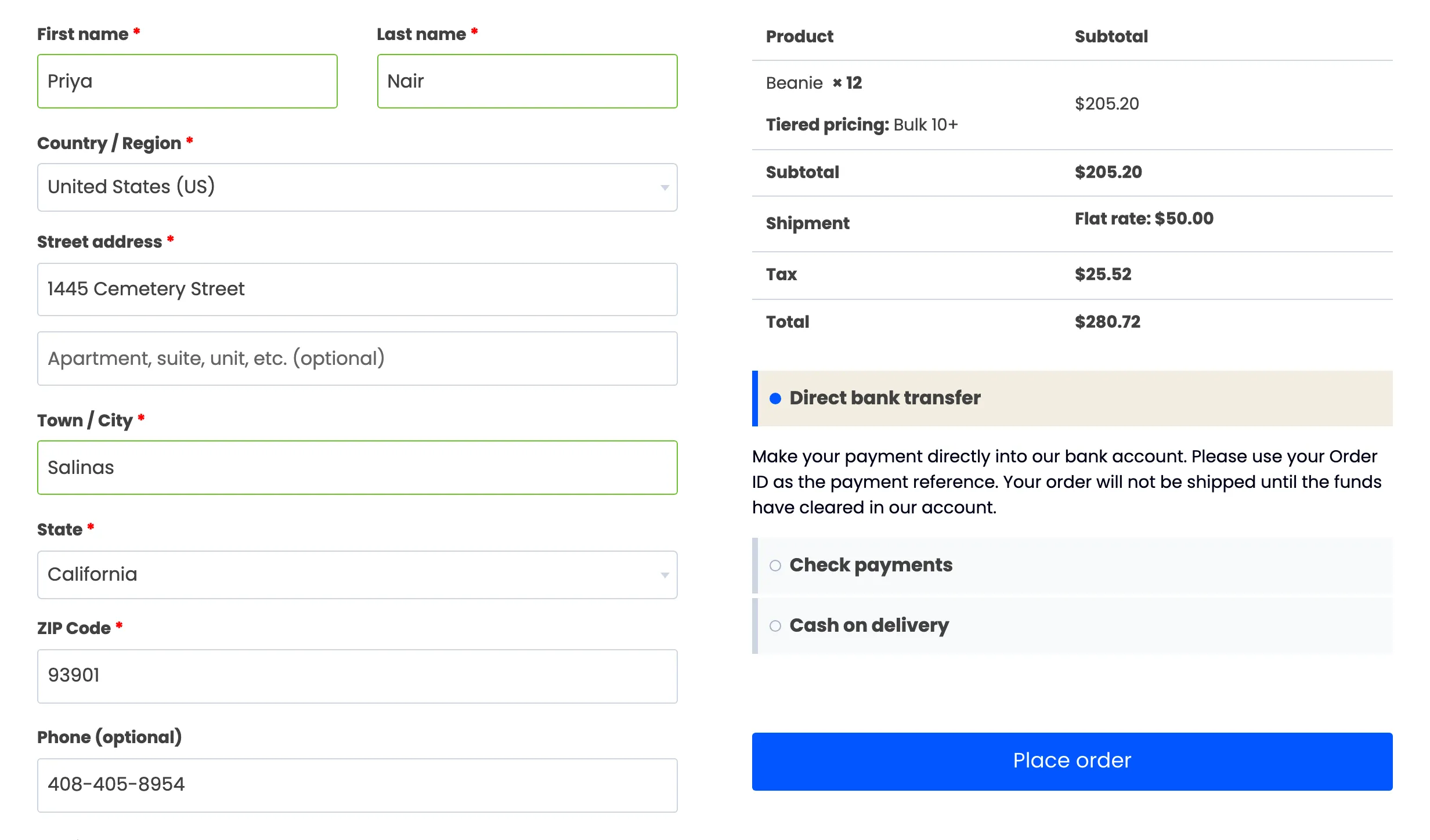 The checkout review table showing Beanie x 12 with Tiered pricing: Bulk 10+