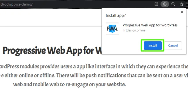 The Chrome install dialog, naming the app and its site
