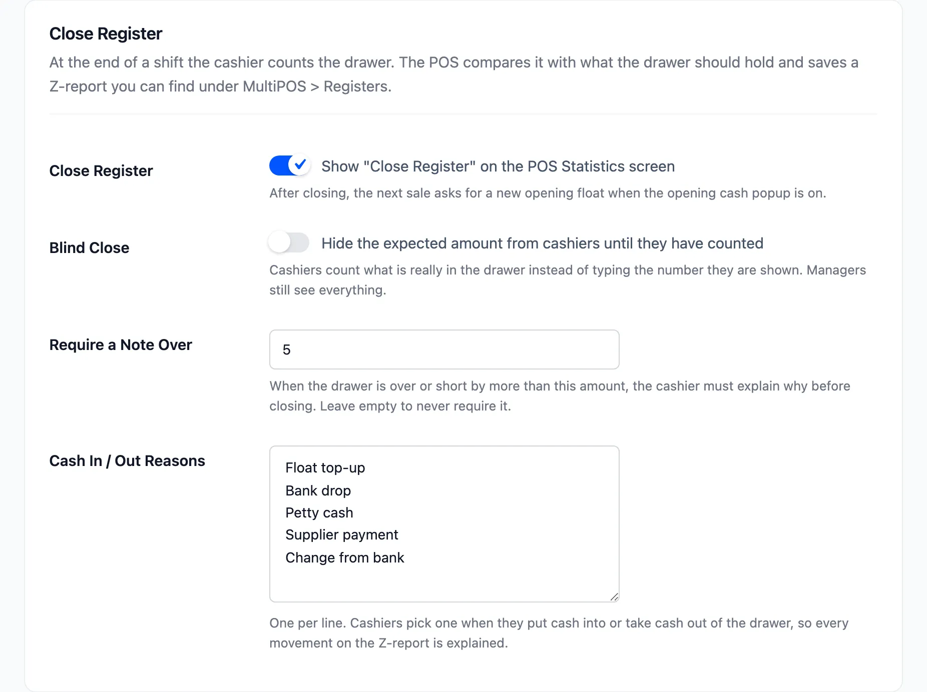 The Close Register section with Close Register on, Blind Close off, a note required over 5 and the list of reasons