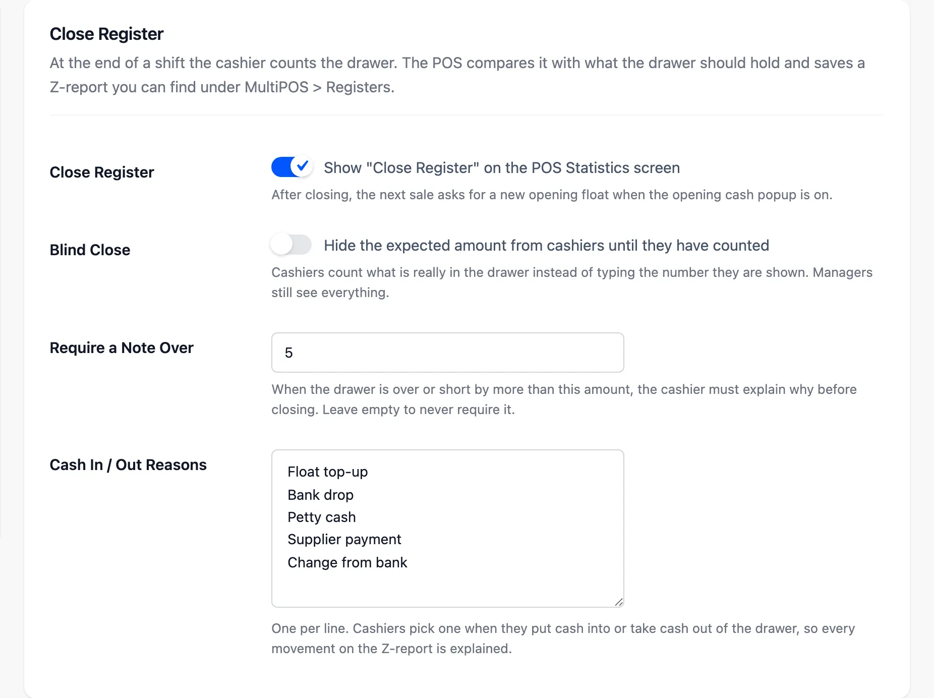 The Close Register section with Close Register on, Blind Close off, a note required over 5 and the list of reasons