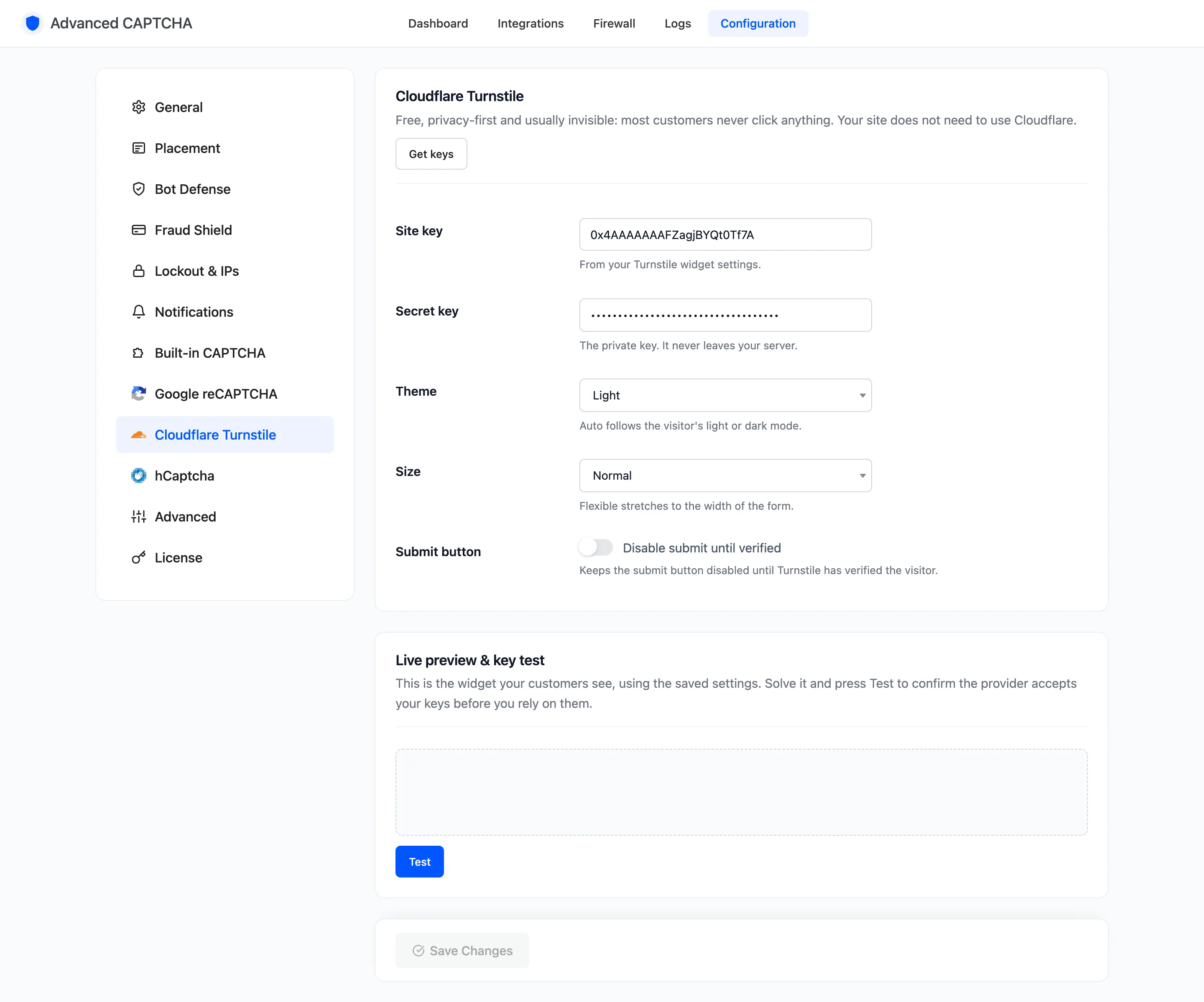 The Cloudflare Turnstile tab with its live preview