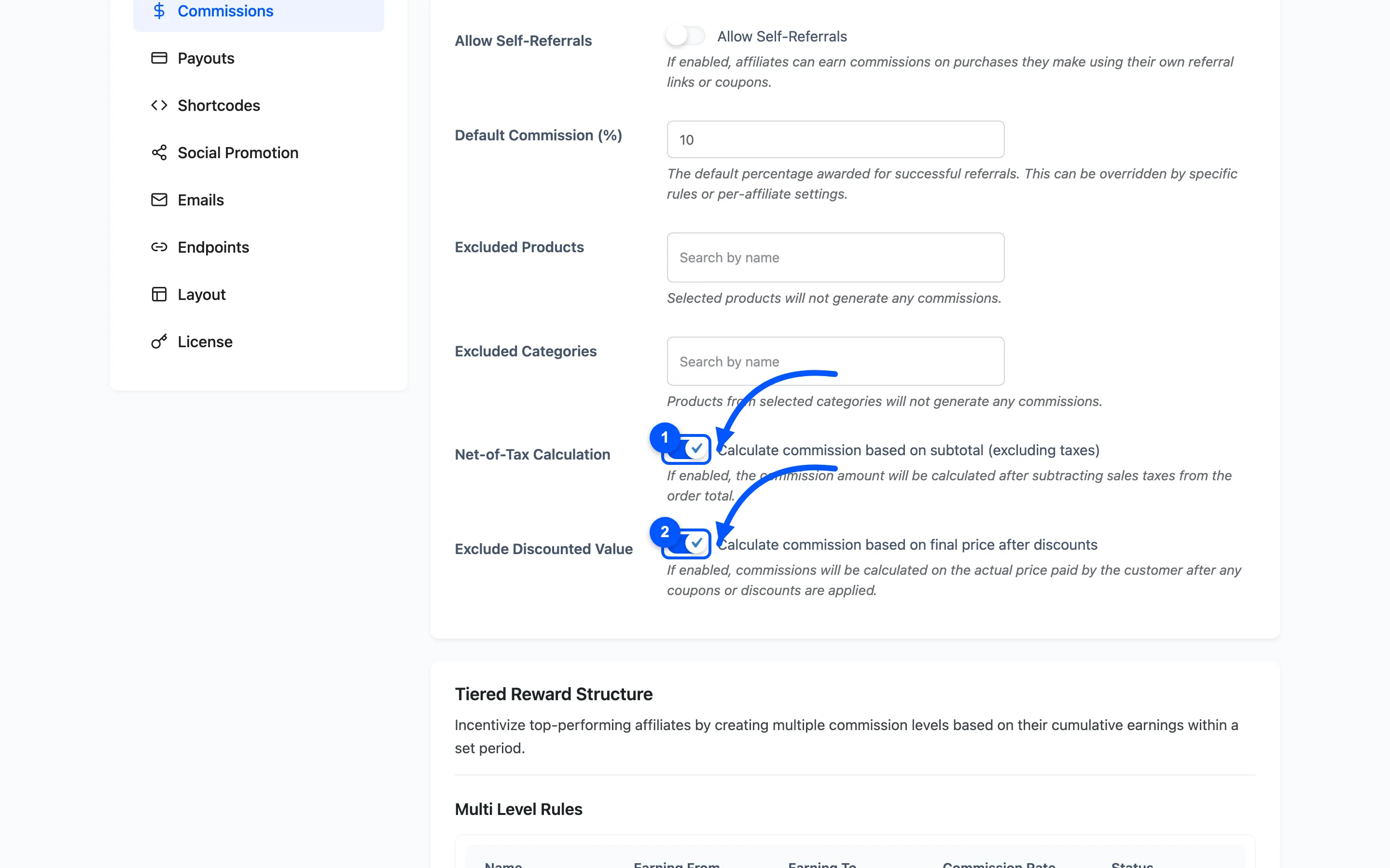 The Net-of-Tax and Exclude Discounted Value toggles on the Commissions tab