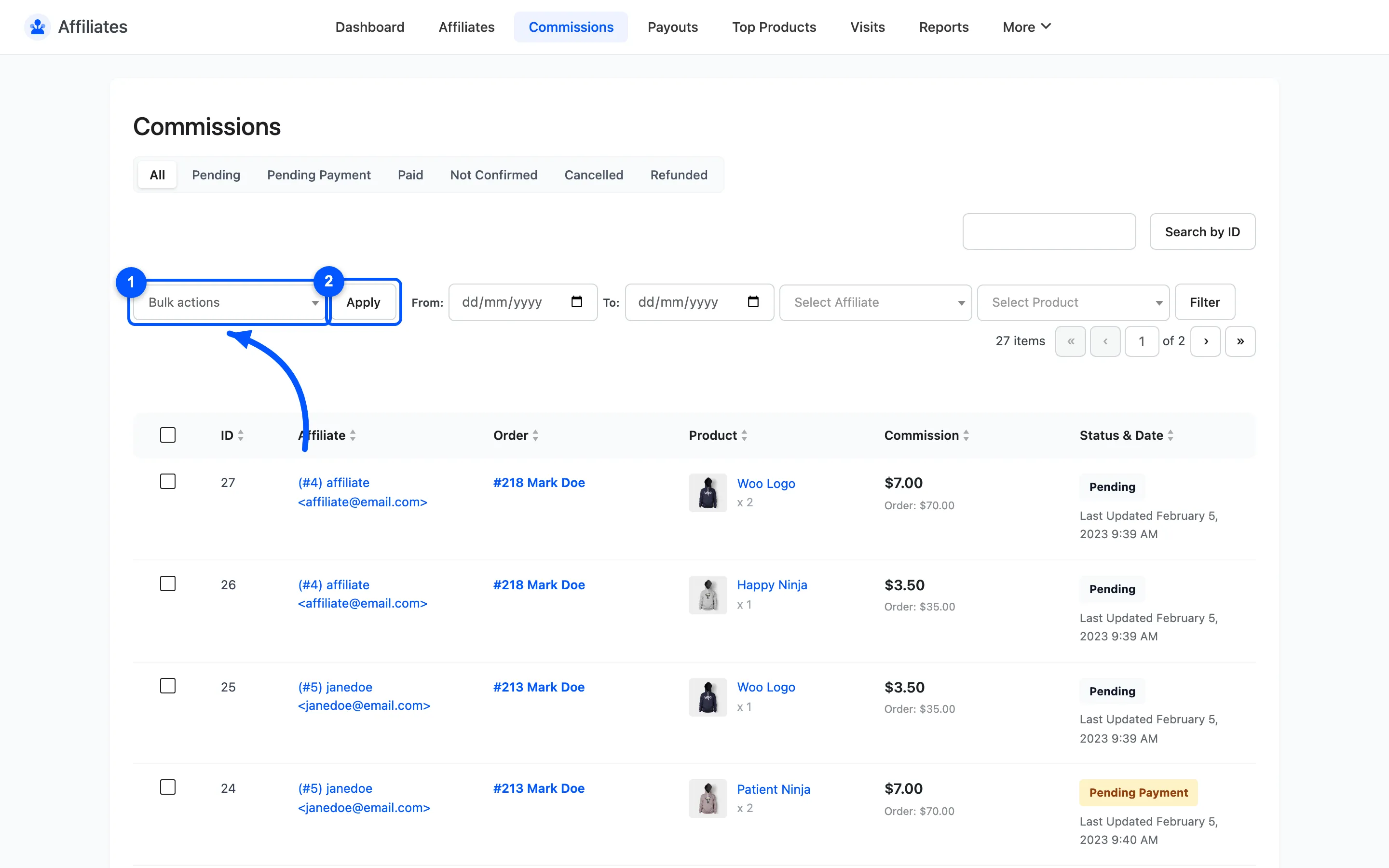 The bulk action selector and Apply button above the Commissions table