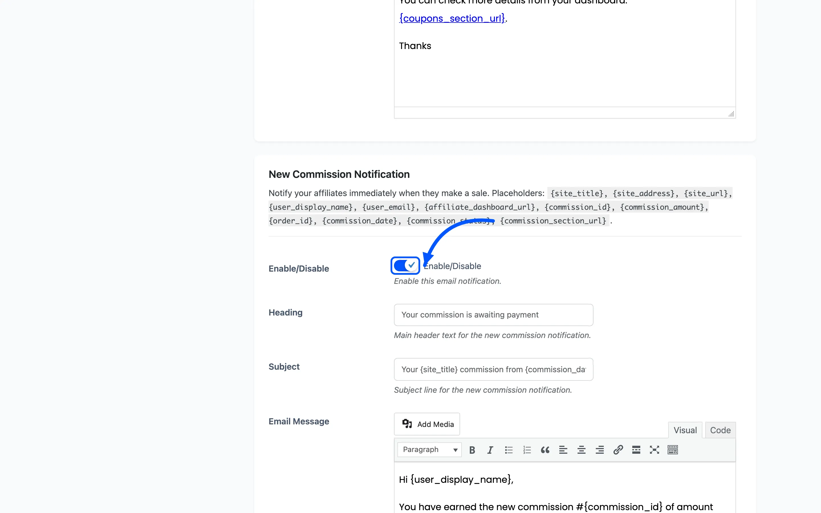 The enable toggle on the New Commission notification