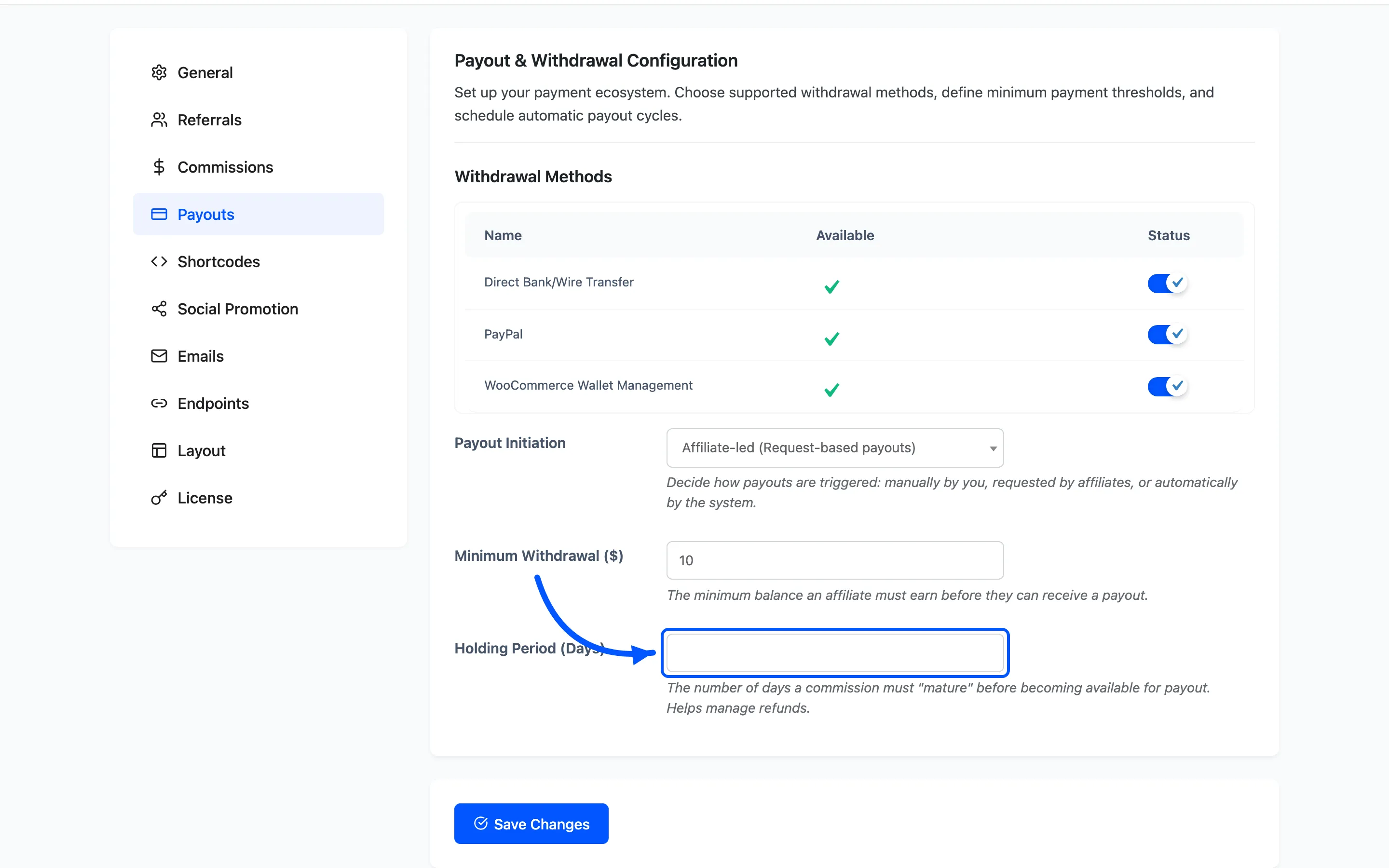 The Holding Period field on the Payouts settings tab