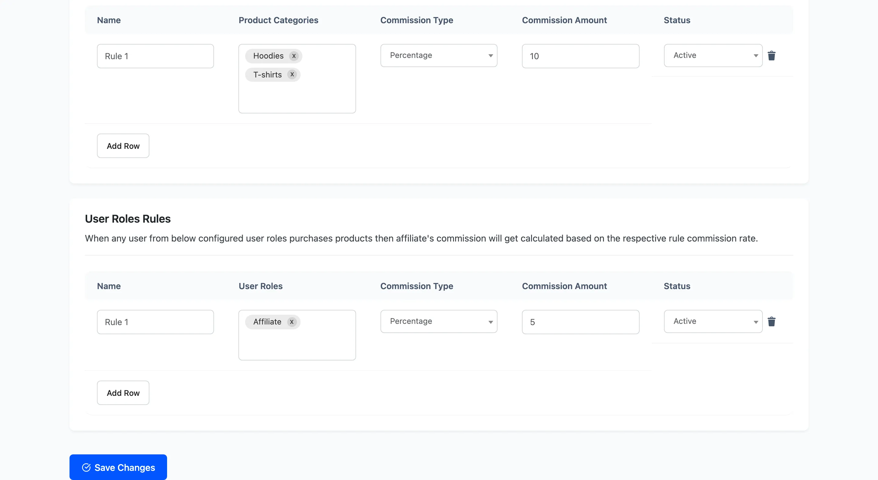 The category rules and user role rules tables on the Rules screen