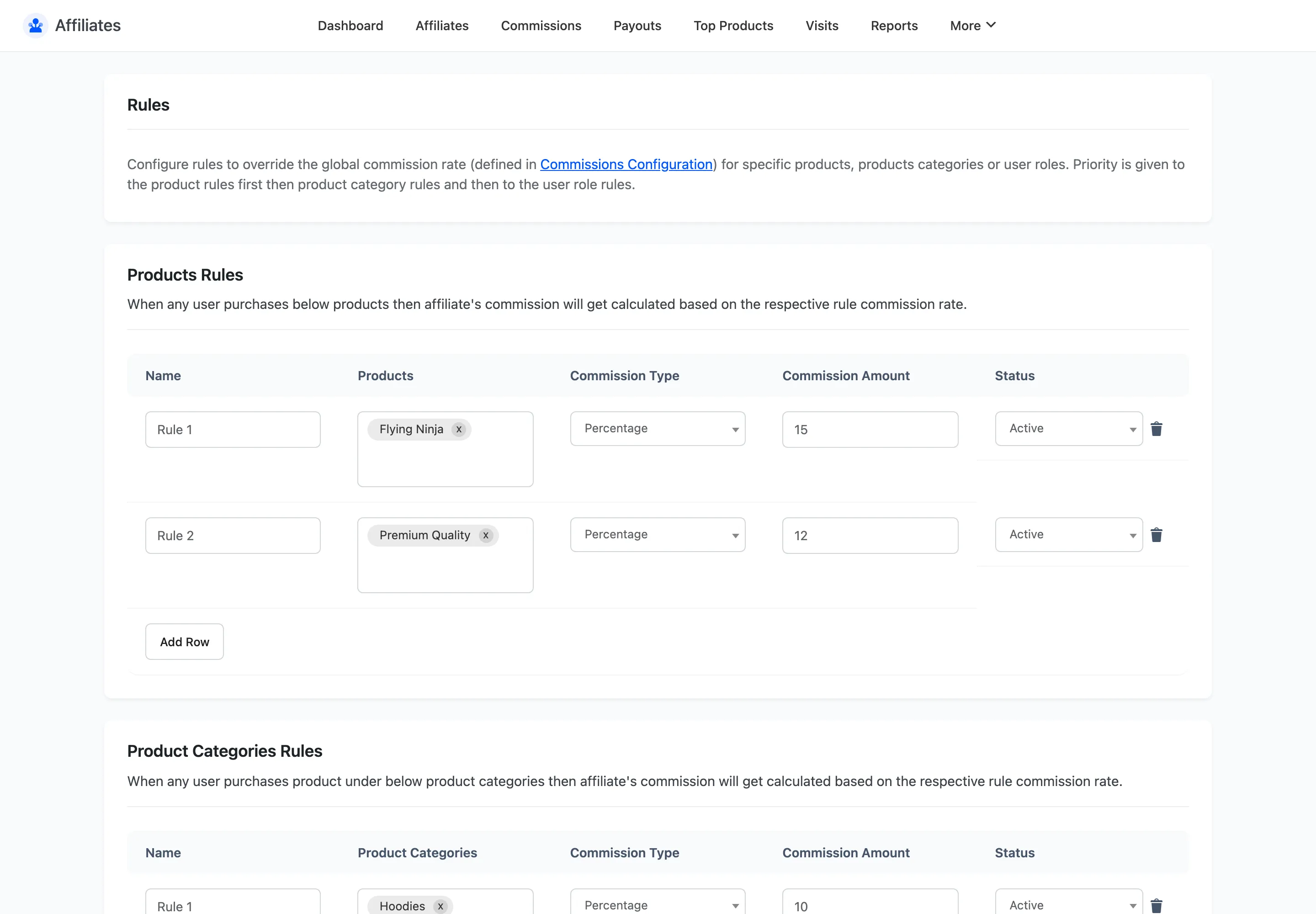 The Rules screen with tables for product rules, category rules and user role rules