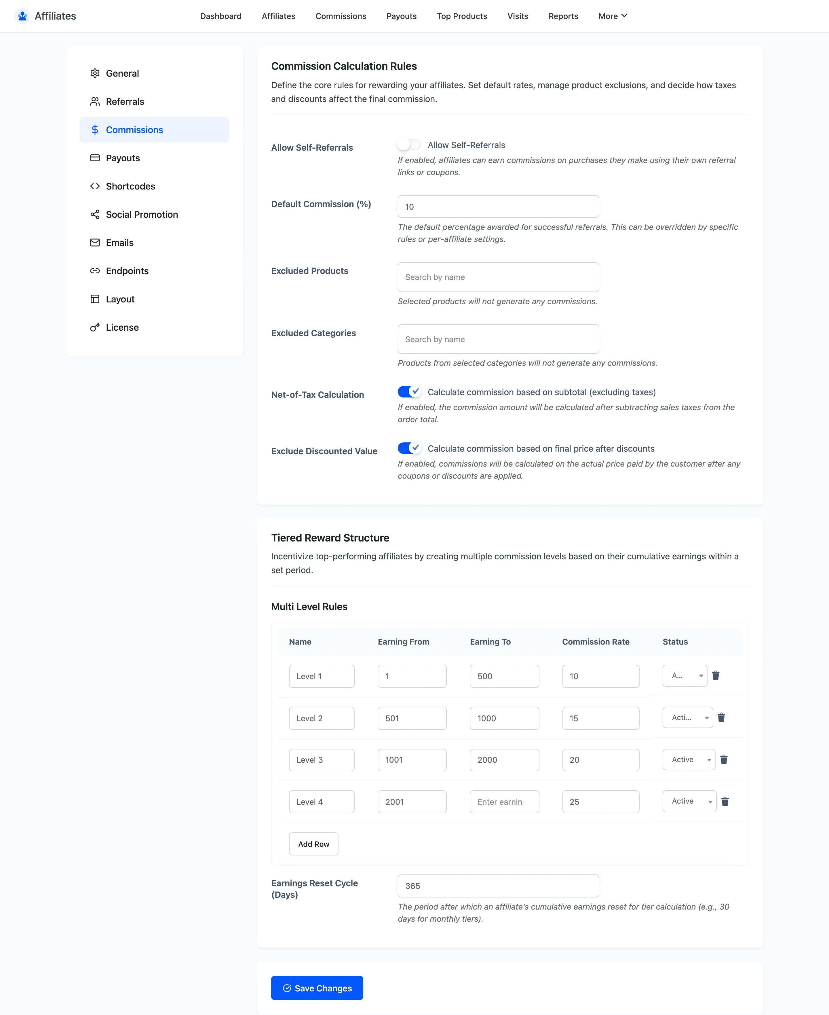 The Affiliates Commissions settings tab with the default rate, exclusions and tax options