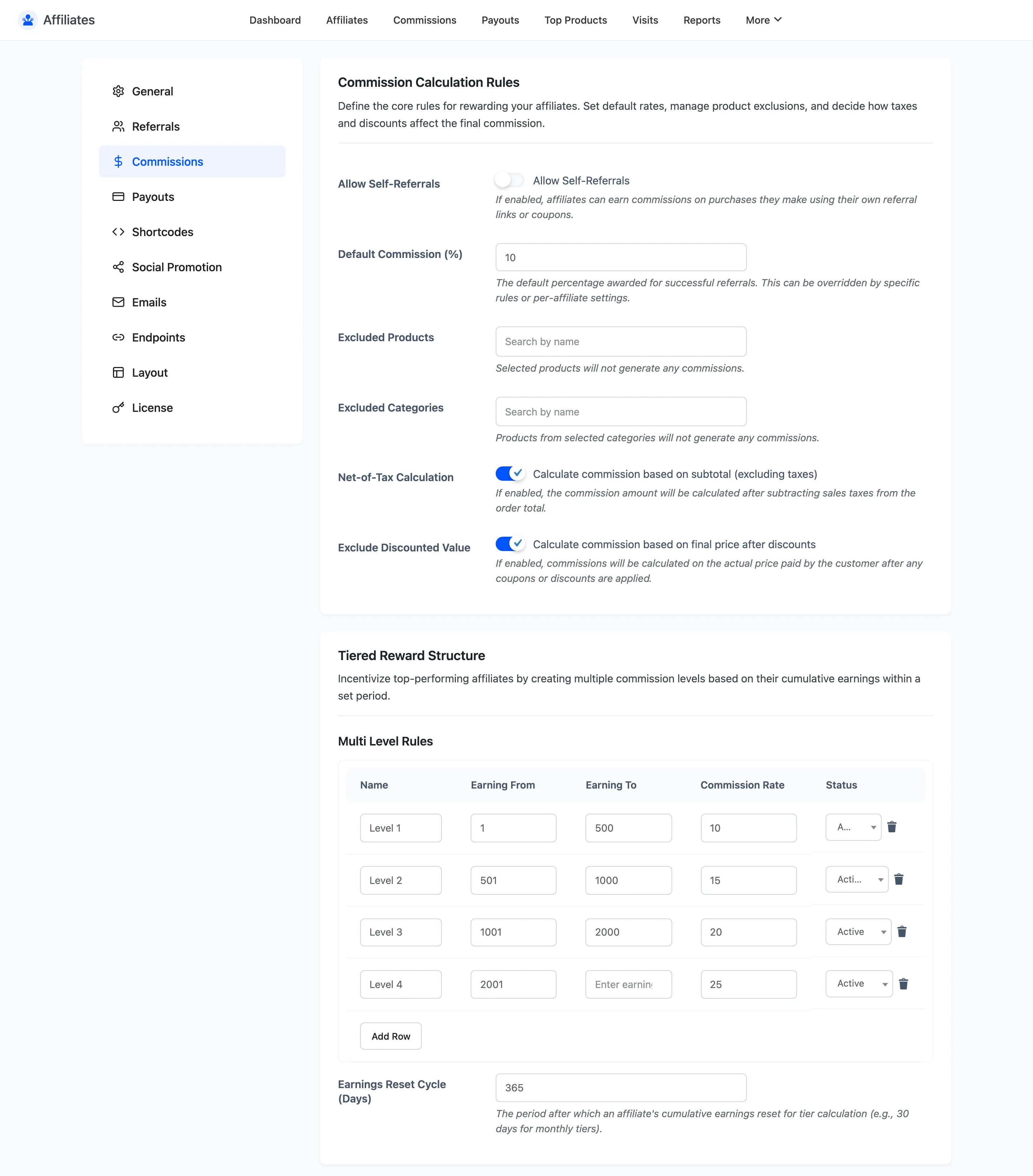 The Affiliates Commissions settings tab with the default rate, exclusions and tax options