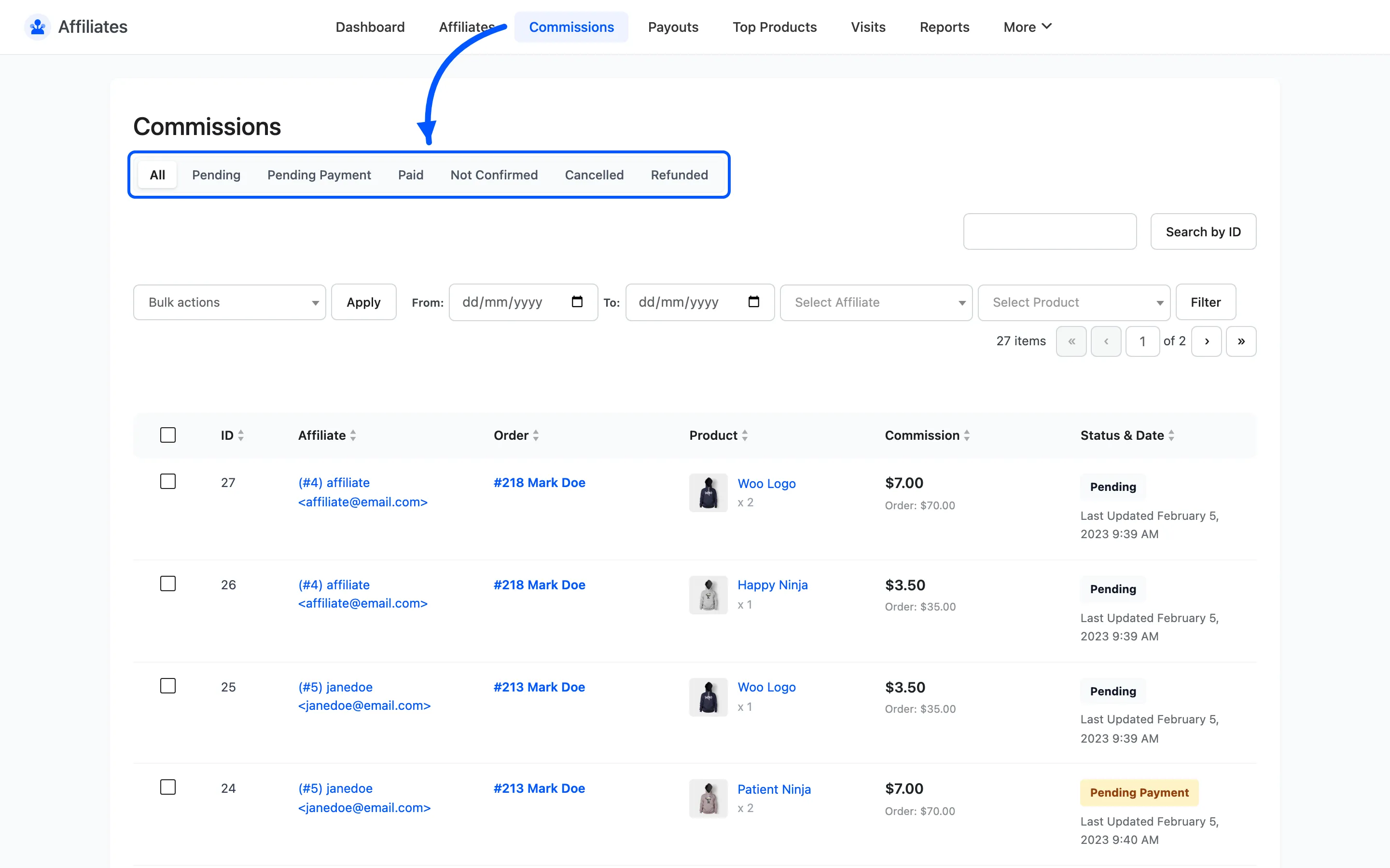 The commission status filter links above the Commissions table