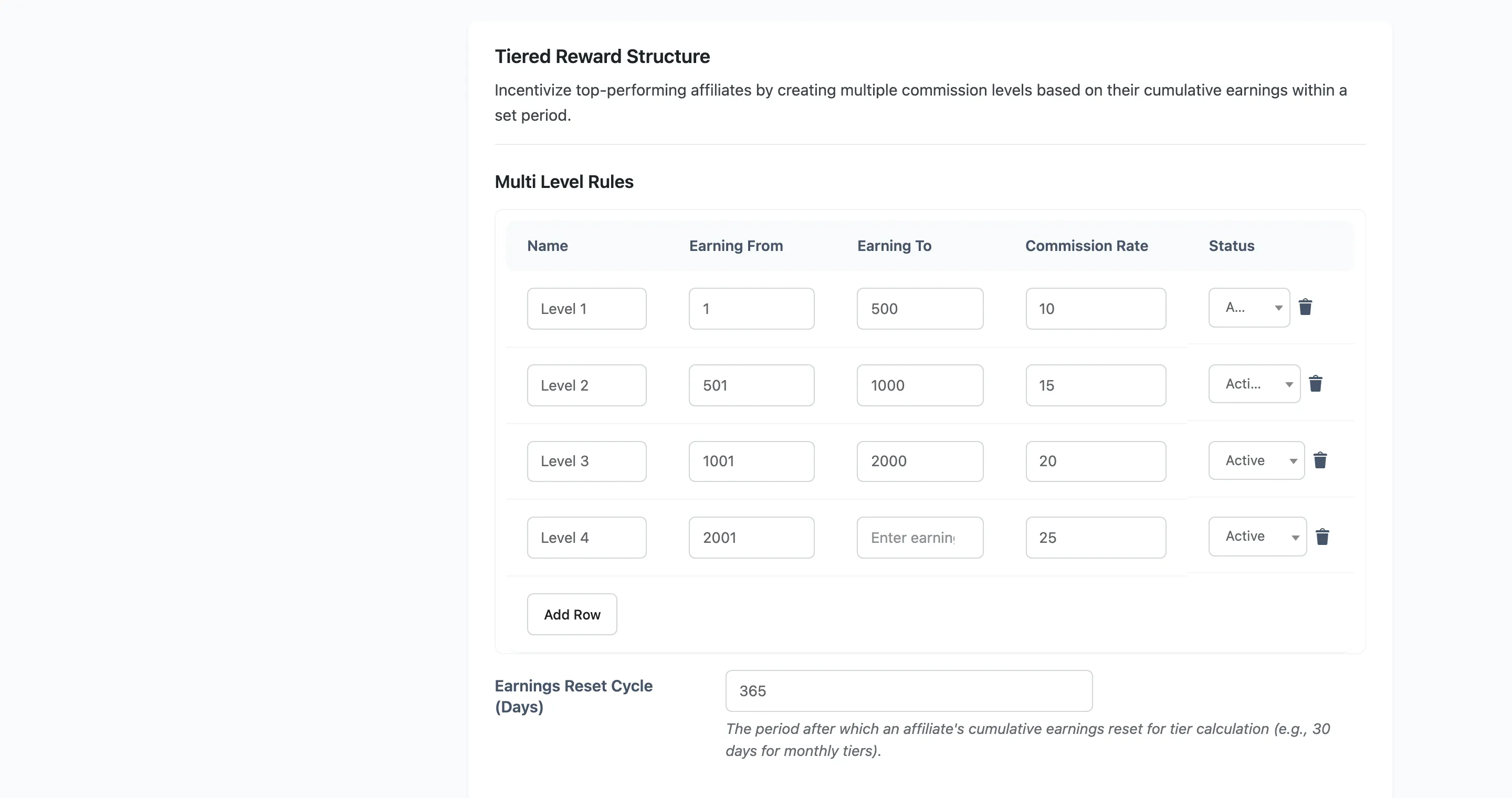 The Multi Level Rules table with earning bands and their commission rates