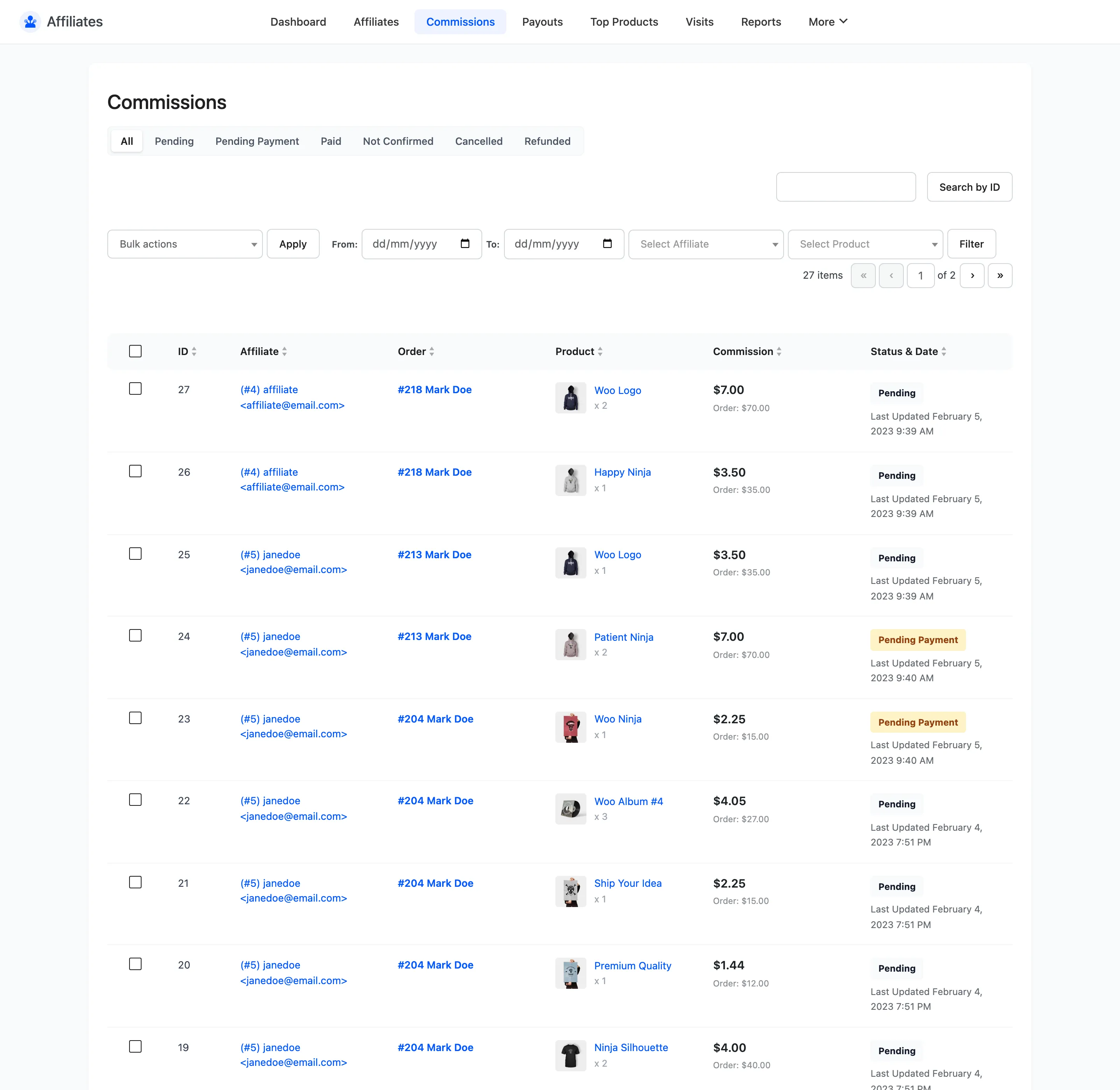 The Commissions list showing each commission with affiliate, order, product, amount and status