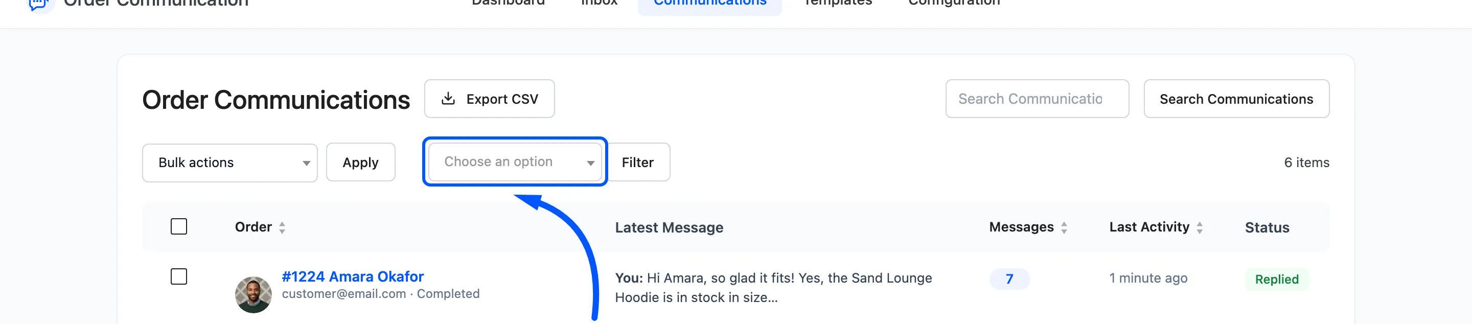 The status filter on the Communications screen
