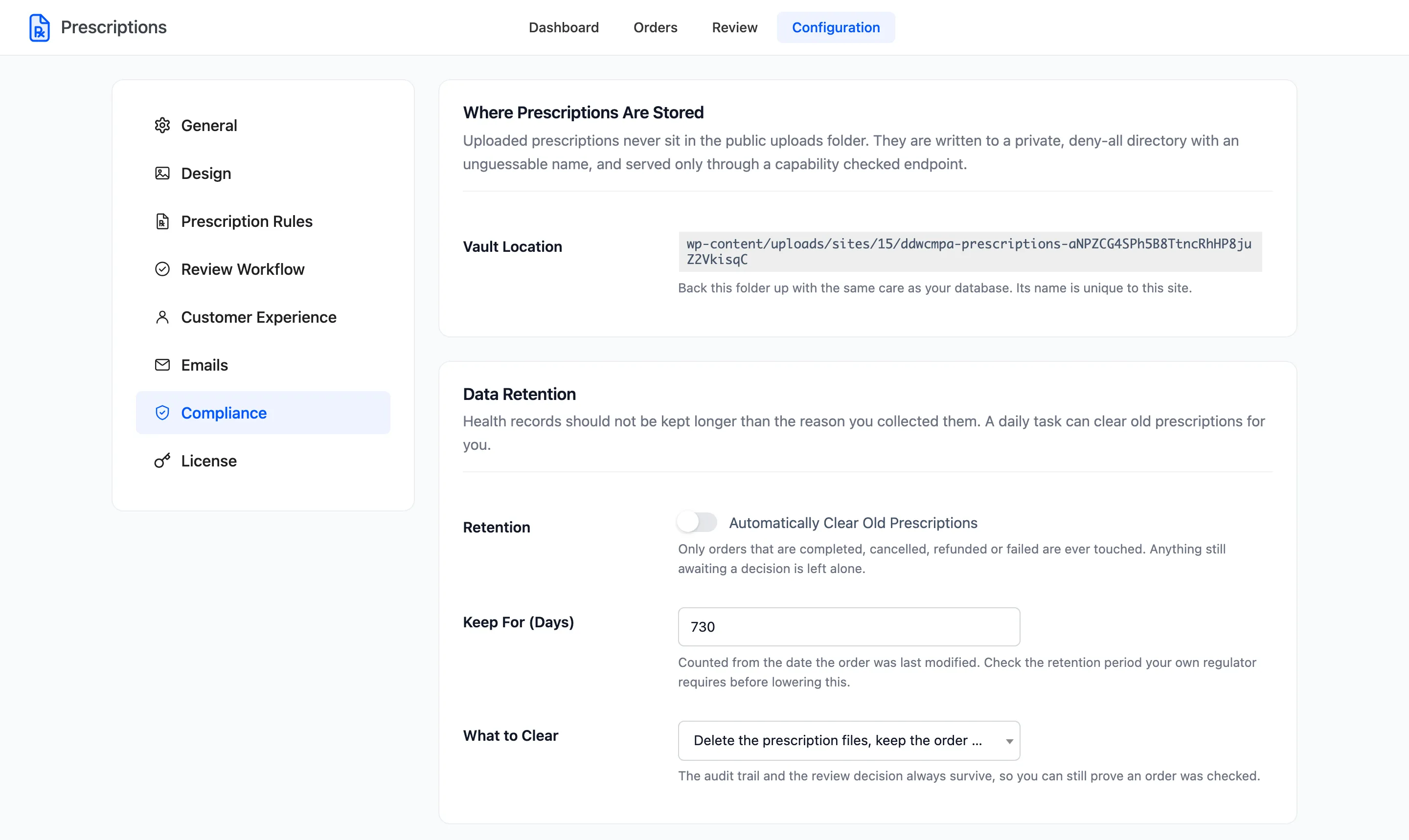 The Compliance tab with the vault location and the data retention settings