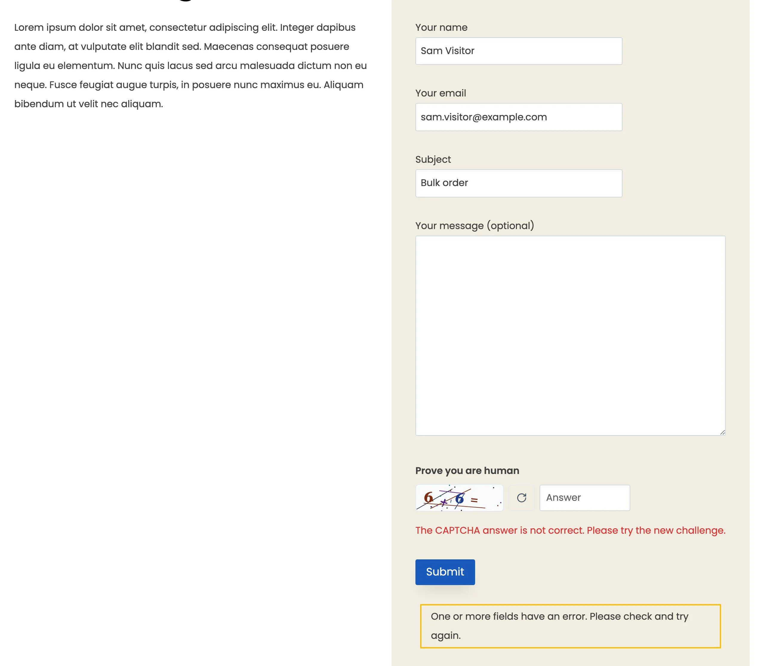 A Contact Form 7 form with the CAPTCHA error under the widget