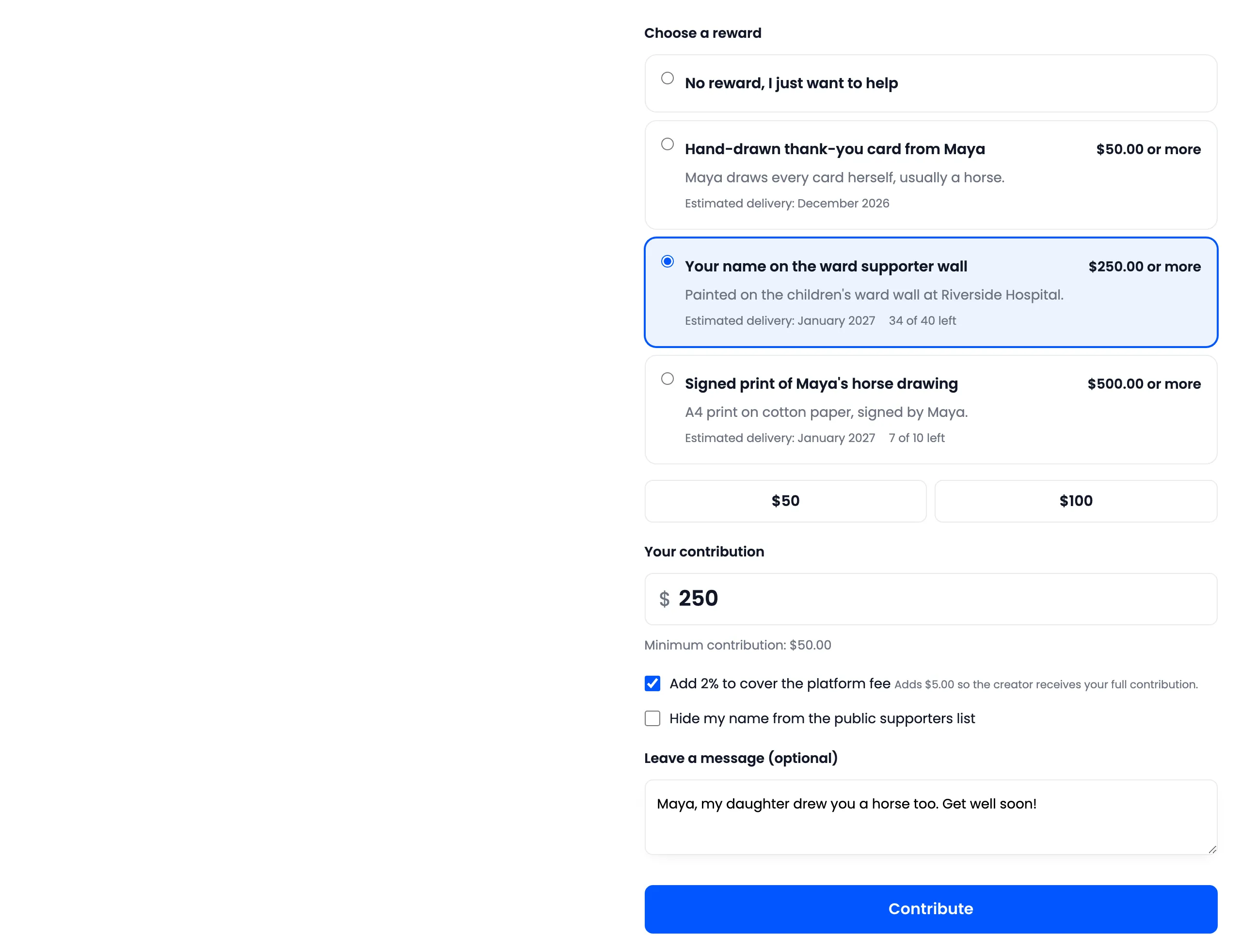 The contribution form with a reward selected and a message
