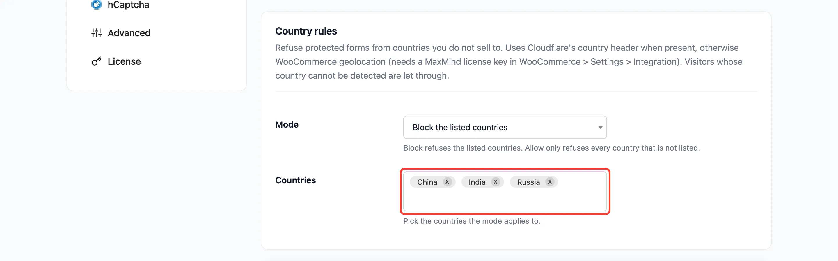Country rules blocking three countries