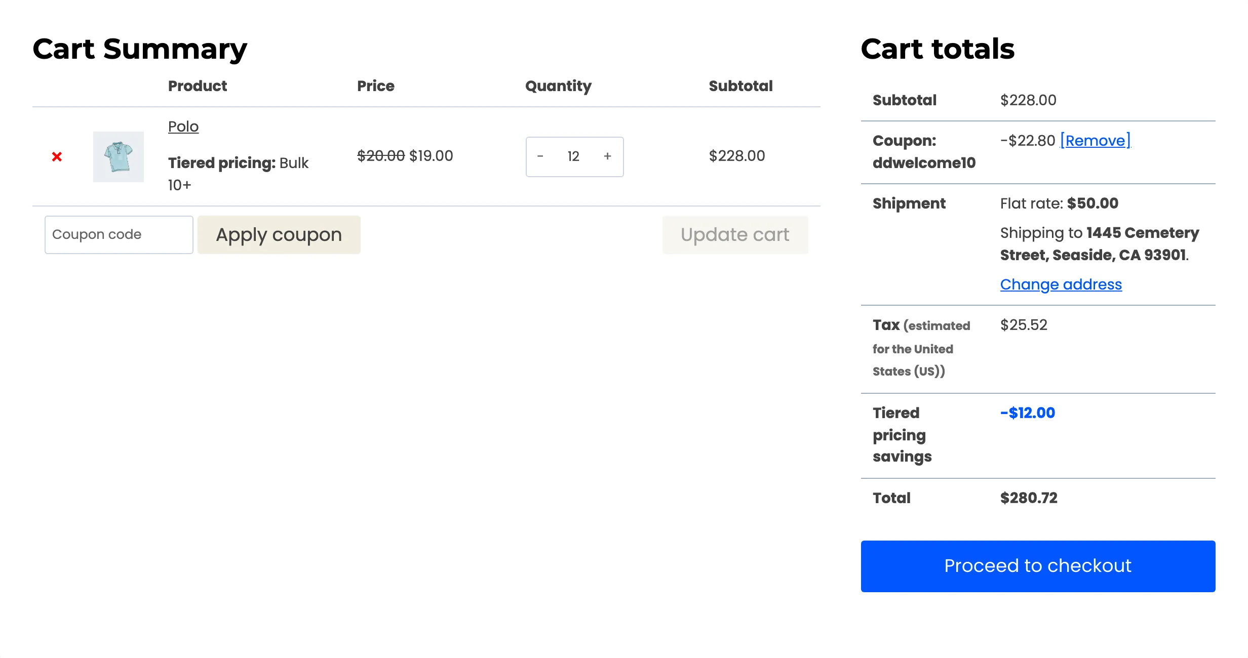 The cart after the coupon, with the coupon row beside the tiered pricing savings row