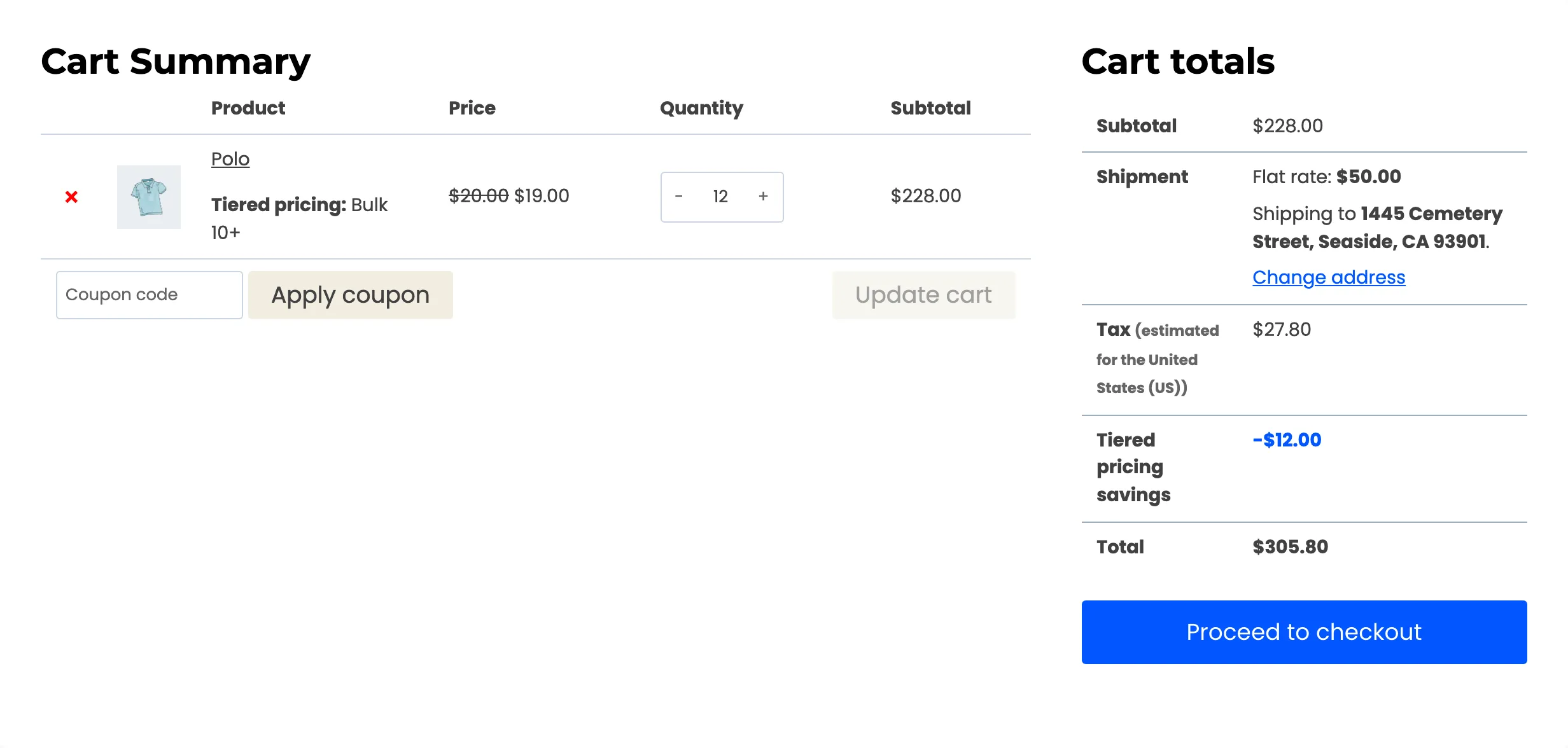 The cart with twelve Polos at $19.00 each and no coupon yet