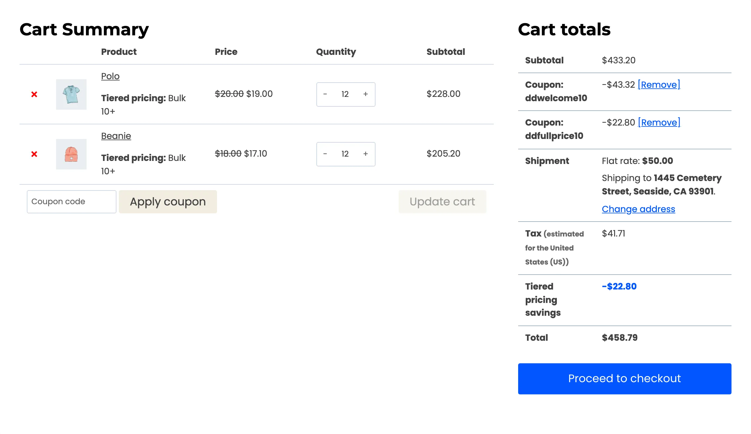 The cart with Polo and Beanie lines and a coupon of $22.80 that only touched the Polo