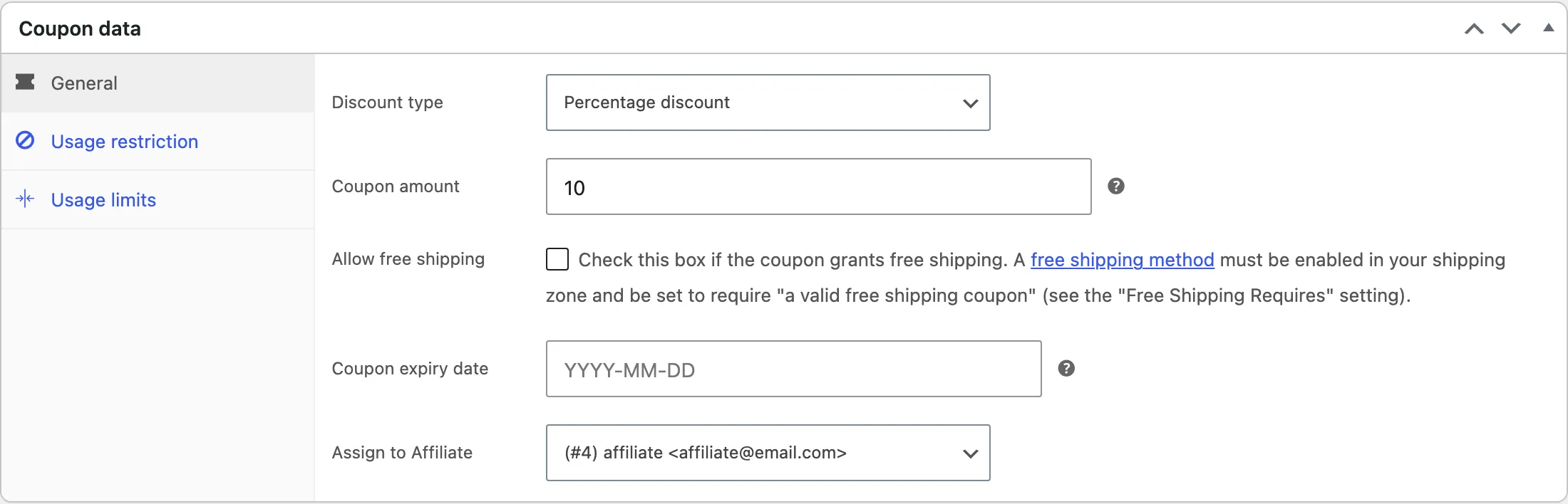 The WooCommerce coupon General panel with the Assign to Affiliate field at the bottom