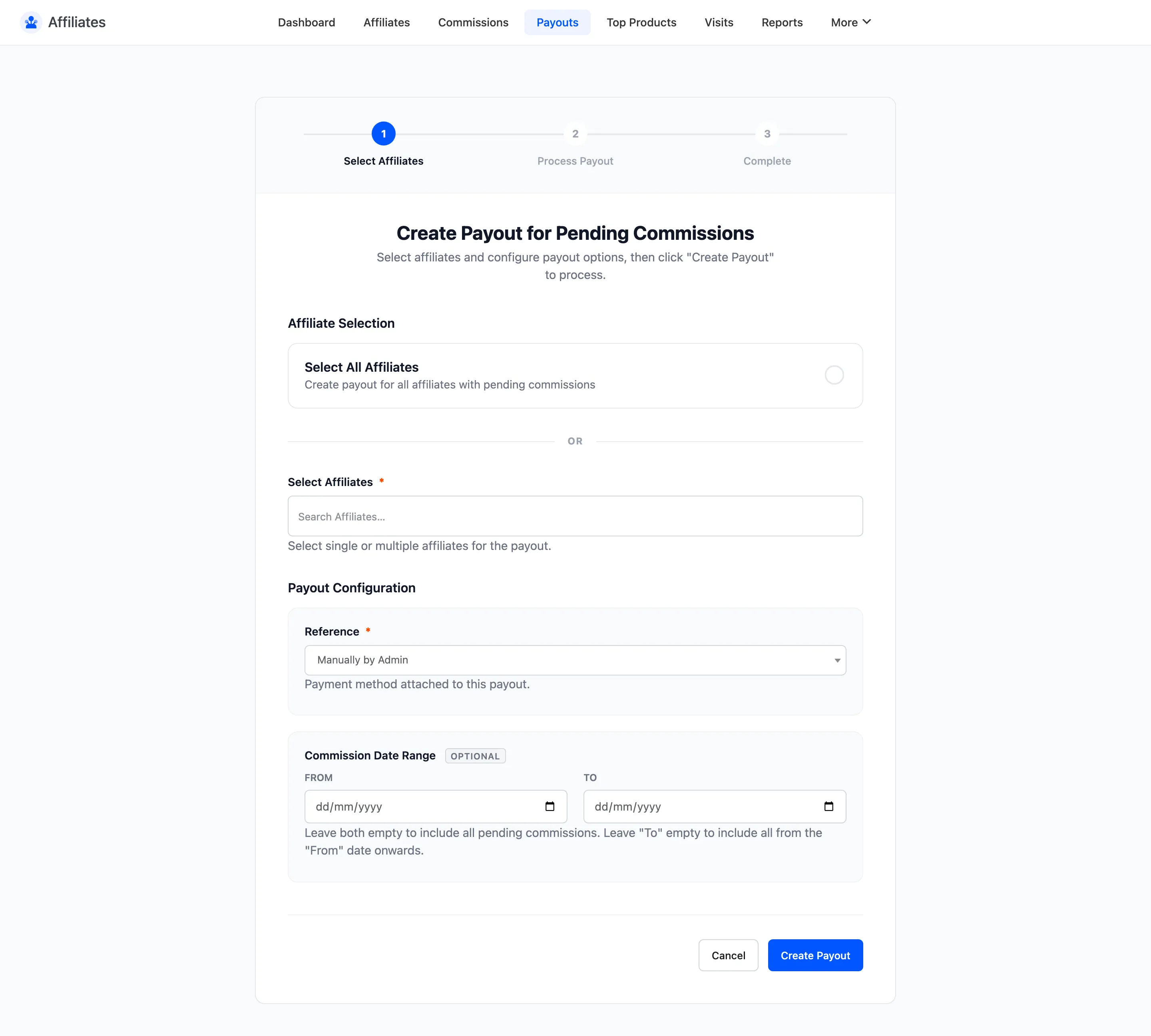 The Create Payout wizard with the affiliate selection and payment method fields