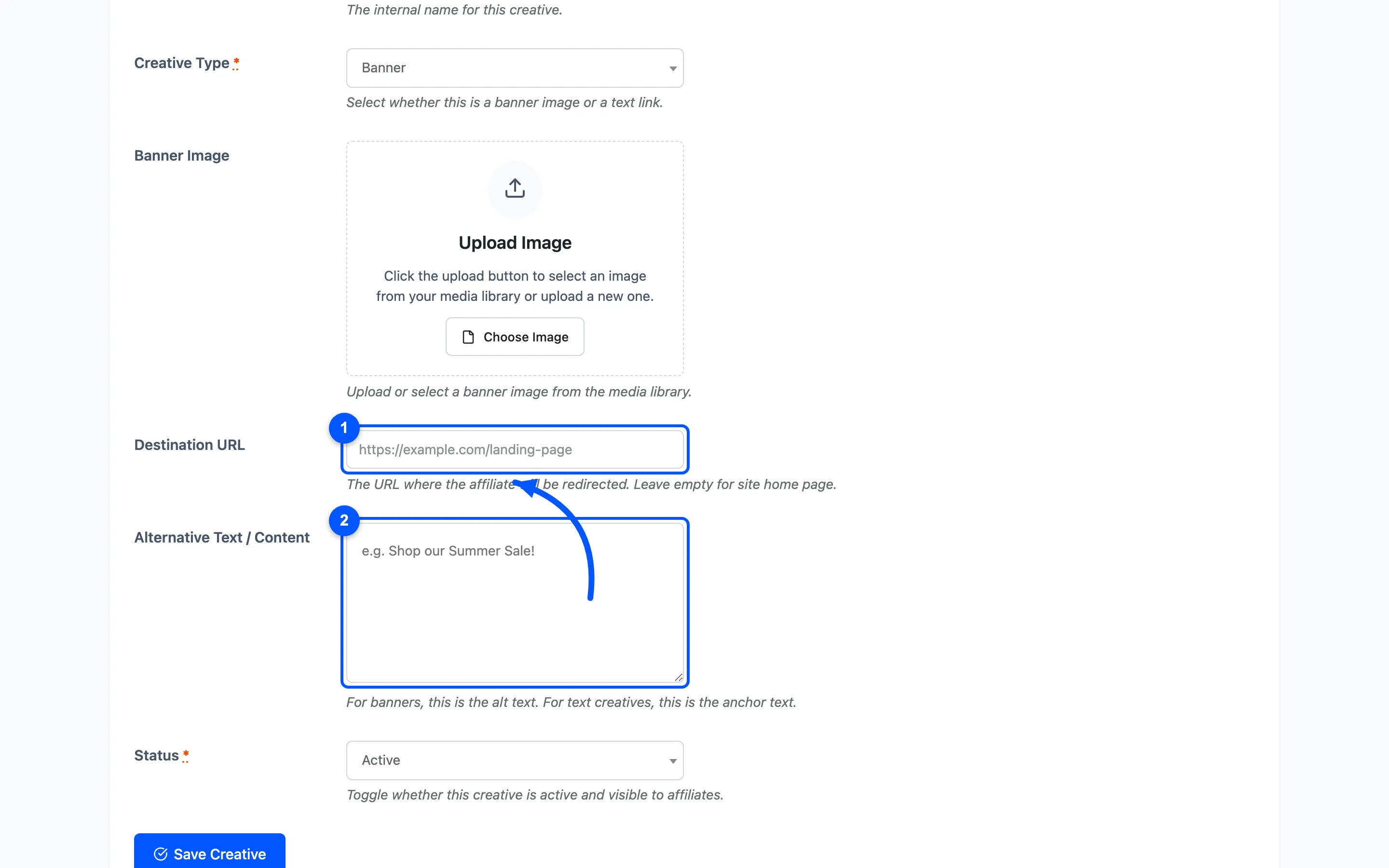 The Destination URL and Alternative Text fields on the Add Creative form