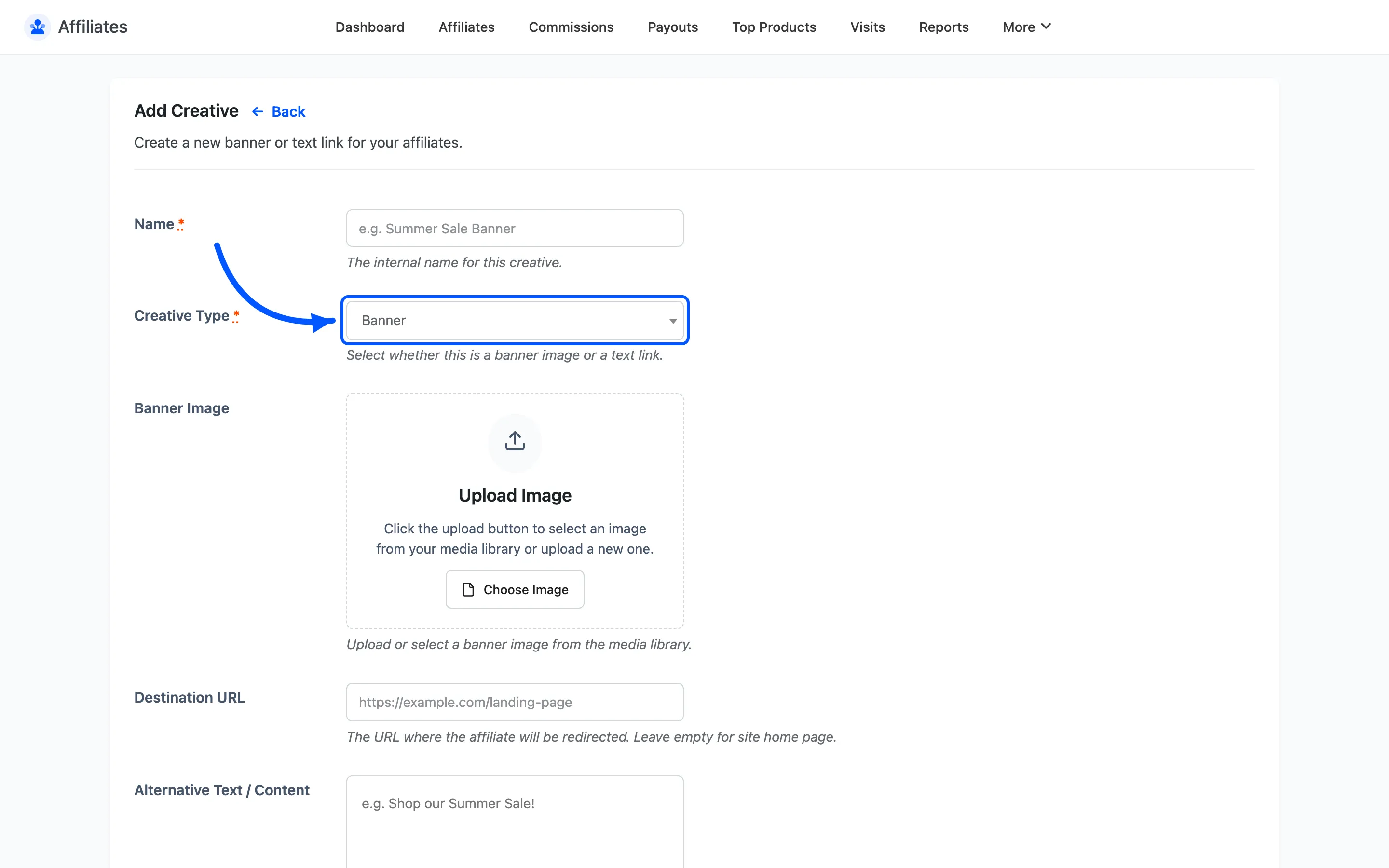 The Creative Type dropdown on the Add Creative form